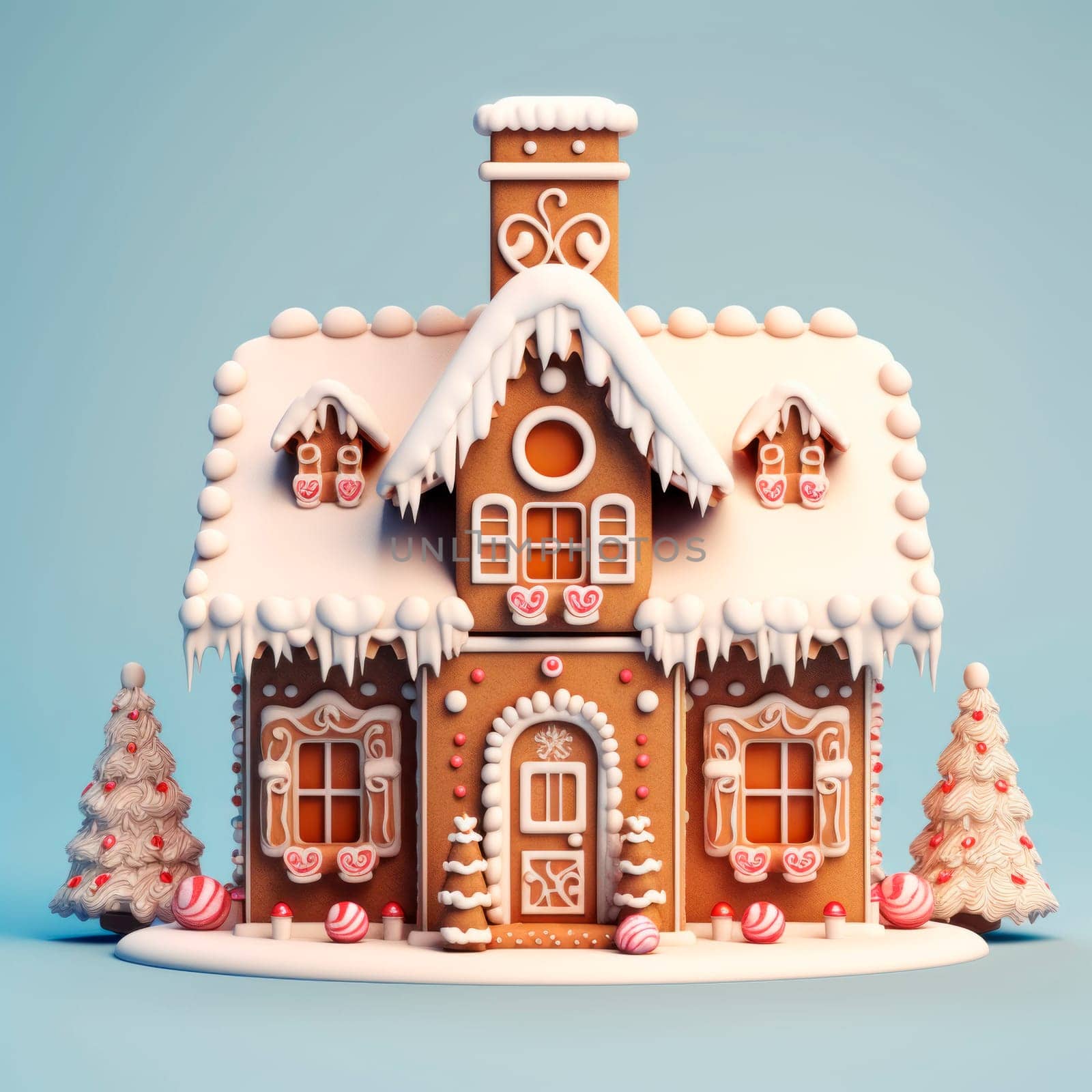 A beautiful gingerbread house on a delicate light background.
