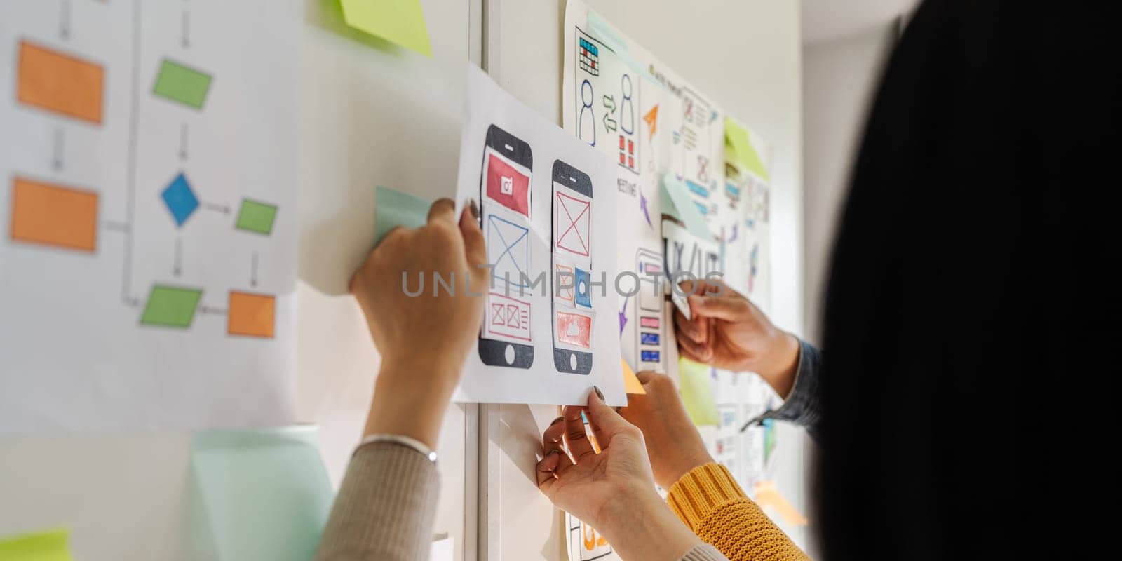 Close up ux developer and ui designer brainstorming interface wireframe design.Creative digital development agency.