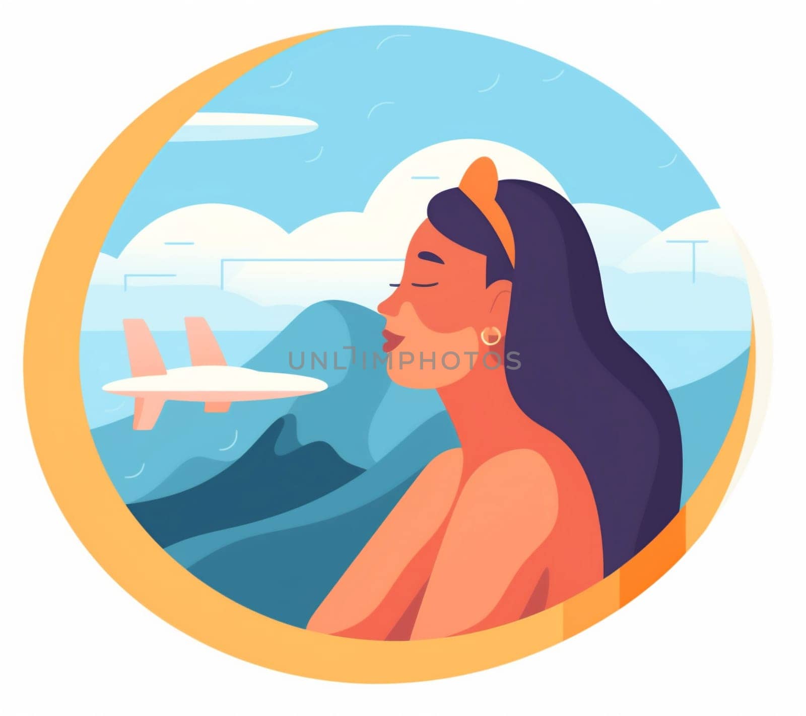 woman illustration flight inside window traveler person character seat passenger journey trip porthole airline train young chair voyage airliner plane transportation. Generative AI.