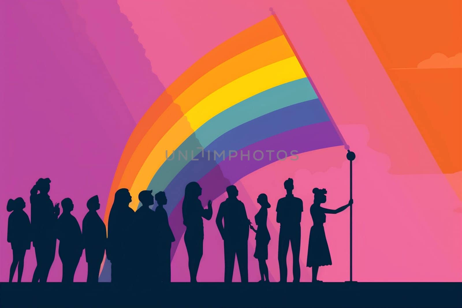 celebration group rainbow homosexual freedom flag parade concept community pride. Generative AI. by Vichizh