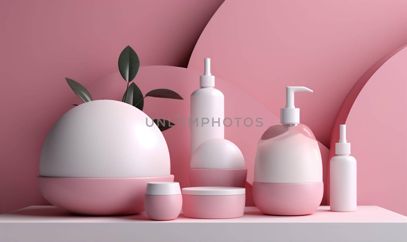 bottle pastel pink cosmetic flower layout product treatment care beauty background. Generative AI. by Vichizh