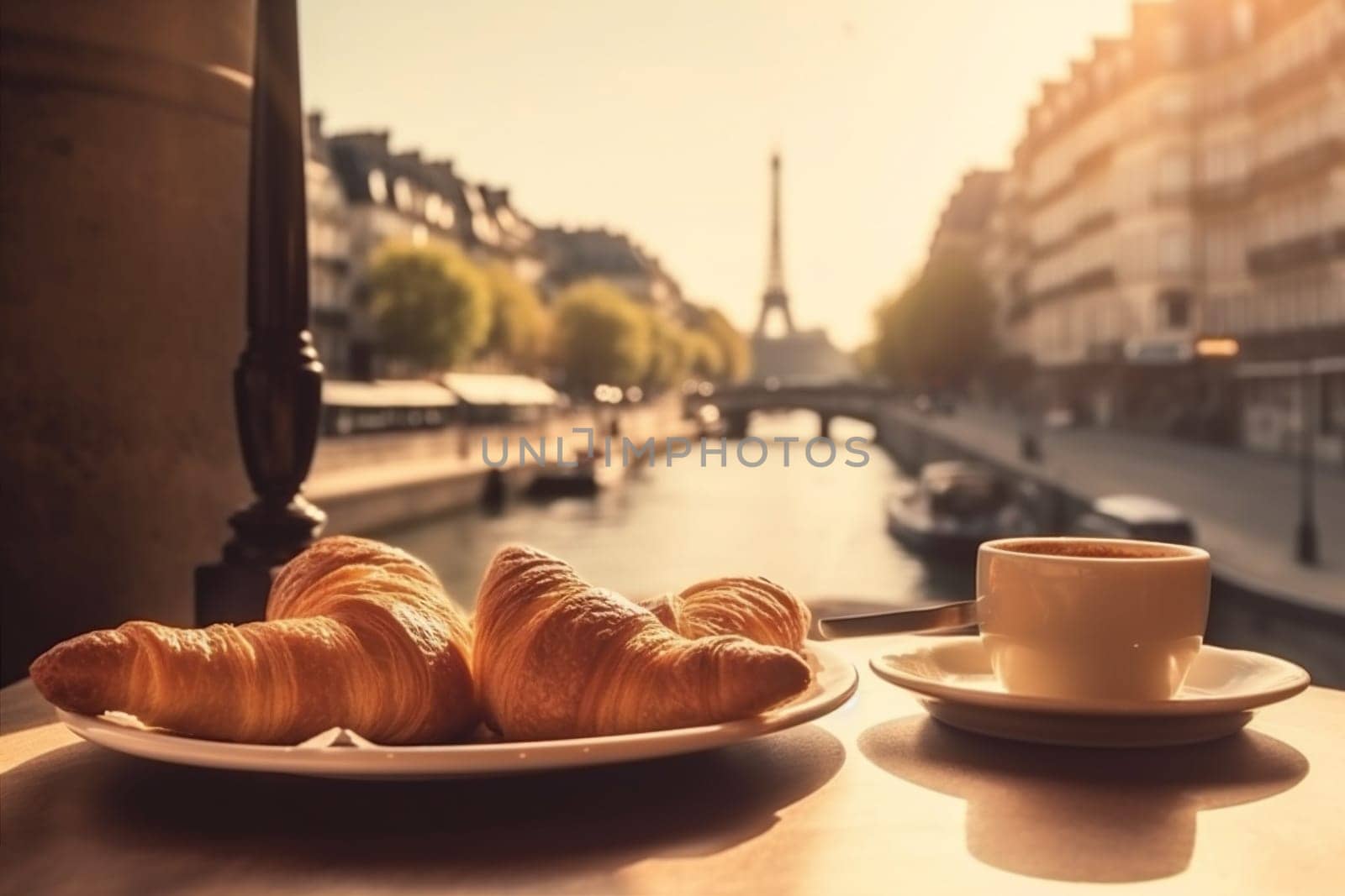 french cup pastry background drink europa landmark cafe breakfast table paris plate dessert cappuccino retro croissant bar france food travel. Generative AI.