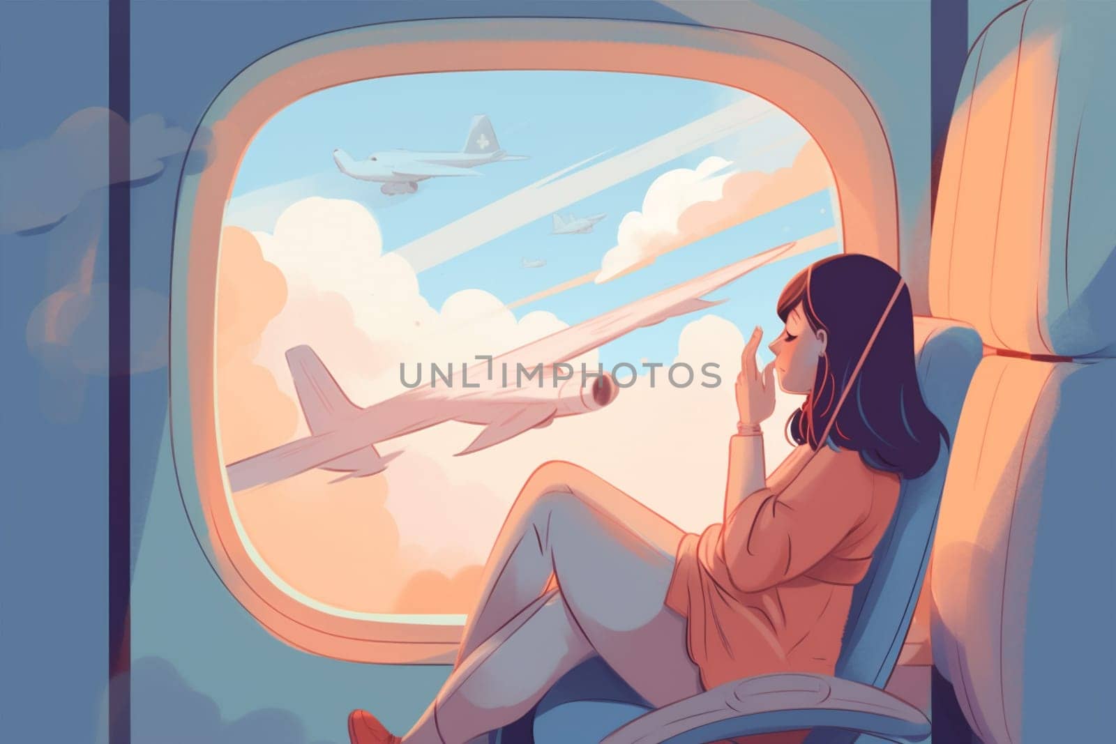 woman plane seat journey departure sitting chair young trip travel female sleep train passenger character cabin happy cartoon transportation flight window. Generative AI.