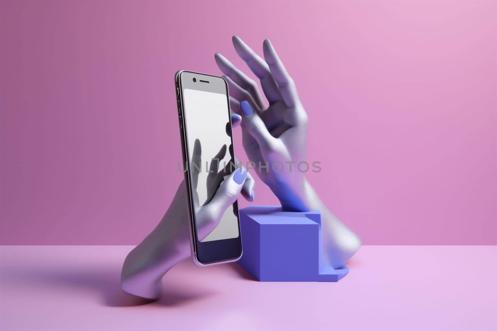 modern woman purple background collage phone style isolated smart creative concept minimal retro artwork online screen communication design poster hand art. Generative AI.