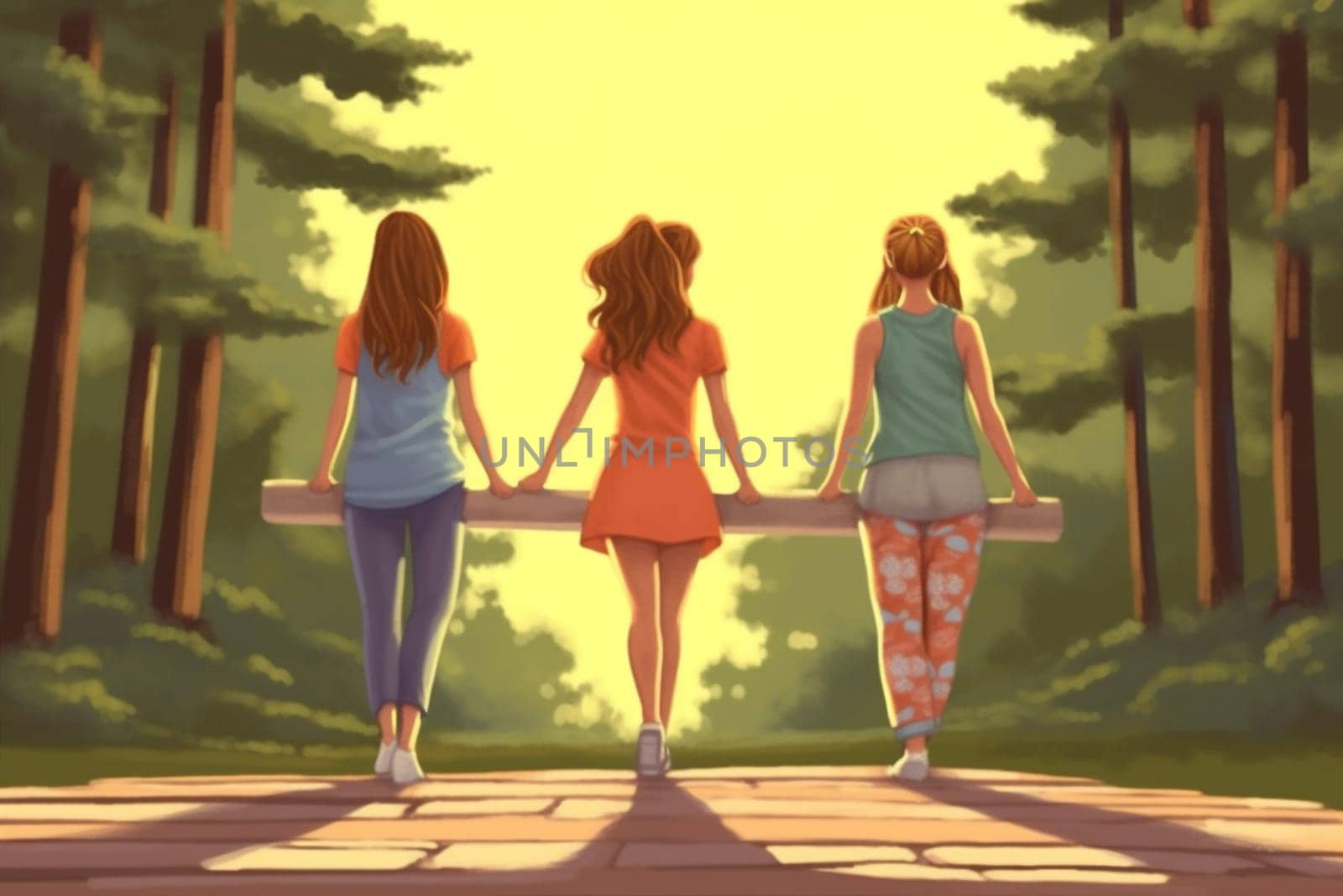 woman sun meditating relax lifestyle sitting nature harmony meditation relaxation yoga silhouette young zen summer tree female girl lotus cartoon forest. Generative AI.