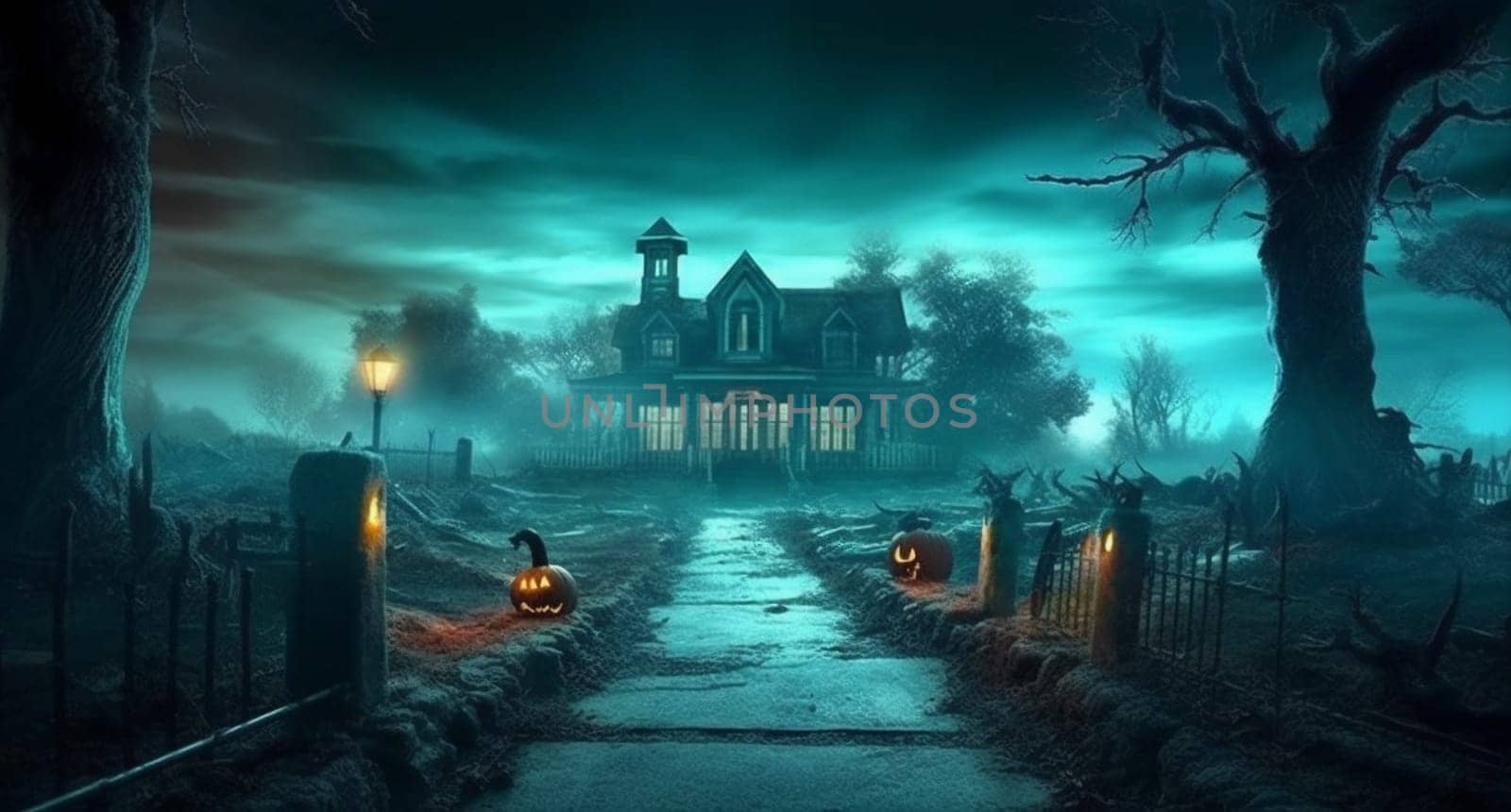 cemetery holiday pumpkin horror halloween dark moon night grave bat. Generative AI. by Vichizh