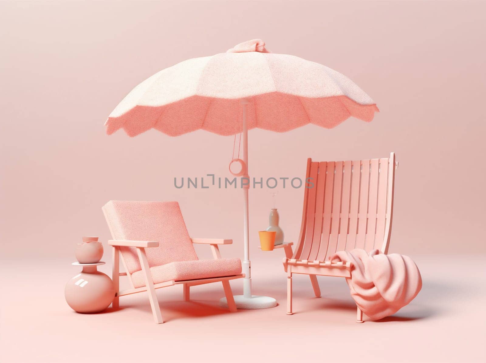 sand holiday sun umbrella vacation chair pink retro summer parasol. Generative AI. by Vichizh