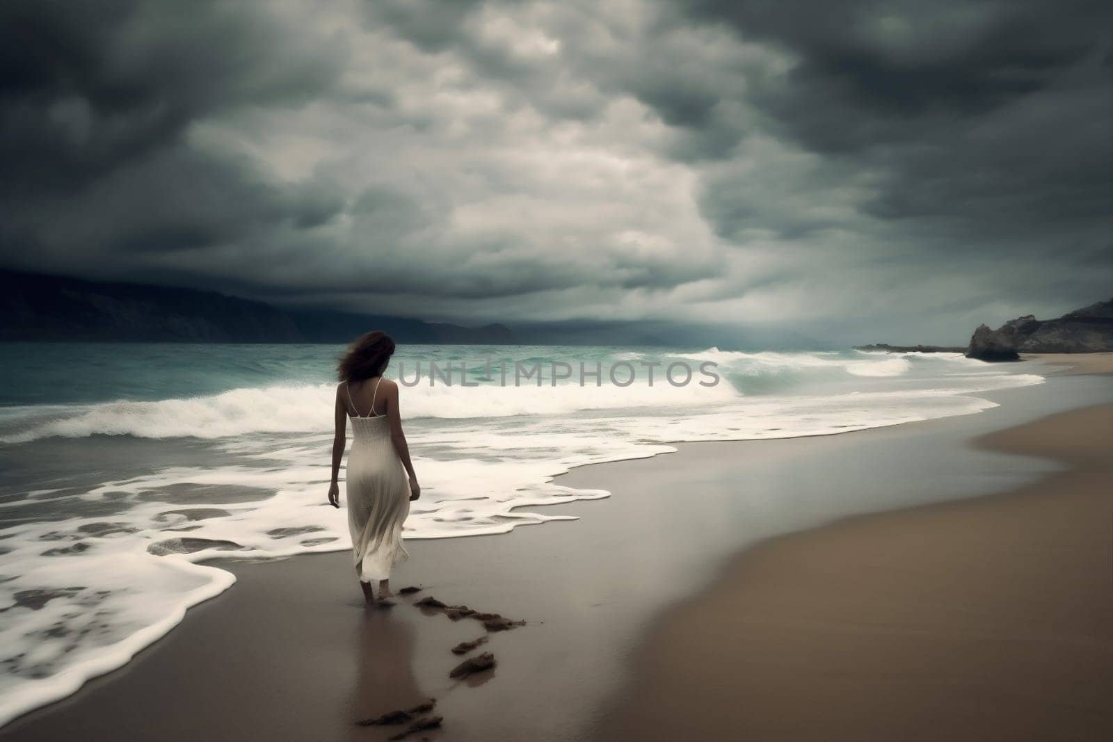 storm woman nature sky dress beach cloud ocean tropical summer sea. Generative AI. by Vichizh