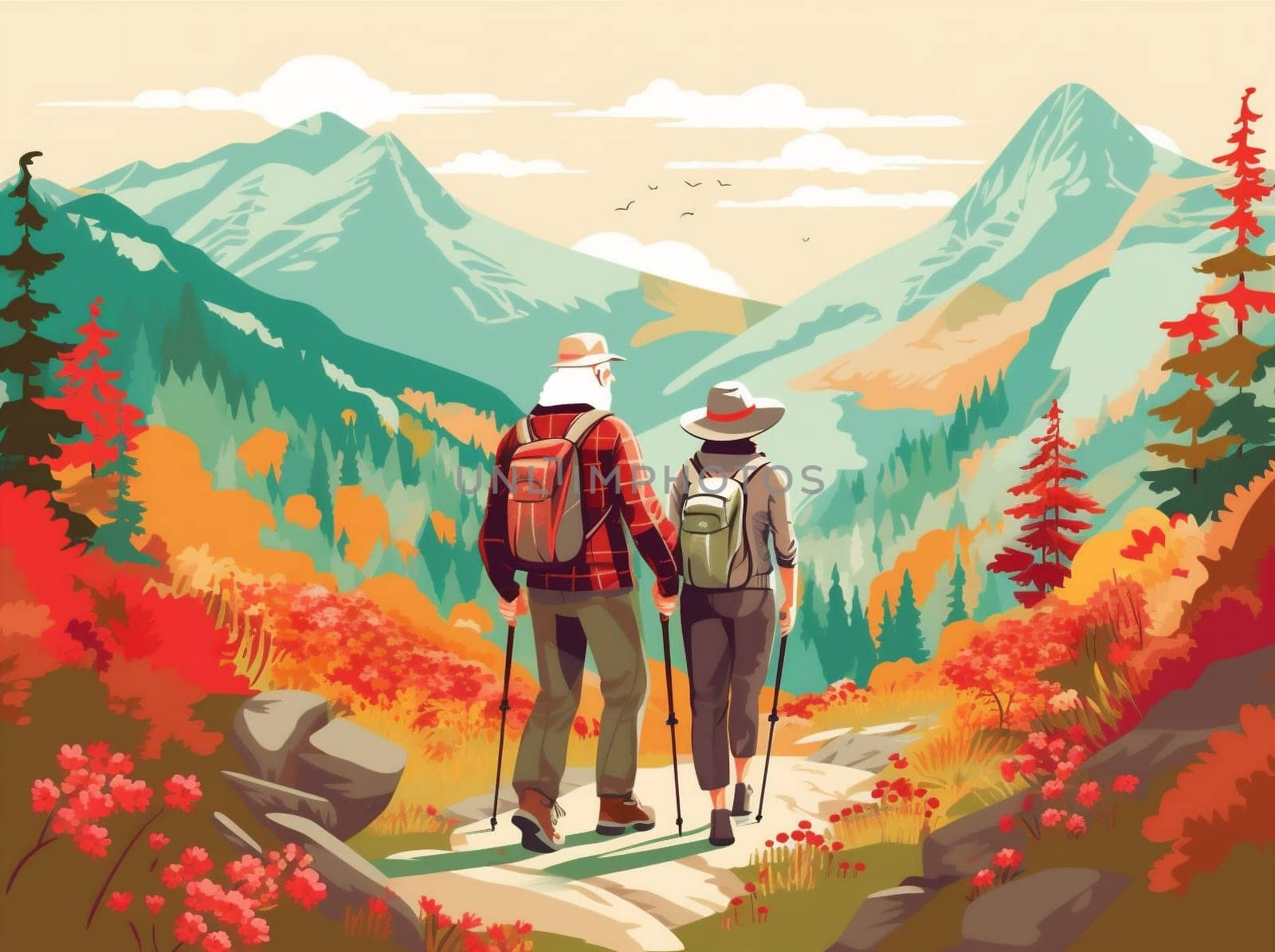 hiking couple grandfather old active senior happy trekking walking elderly. Generative AI. by Vichizh