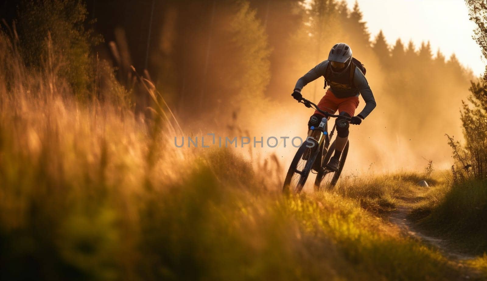 girl woman sunset bicycle dark sport forest bike summer walking cycling. Generative AI. by Vichizh