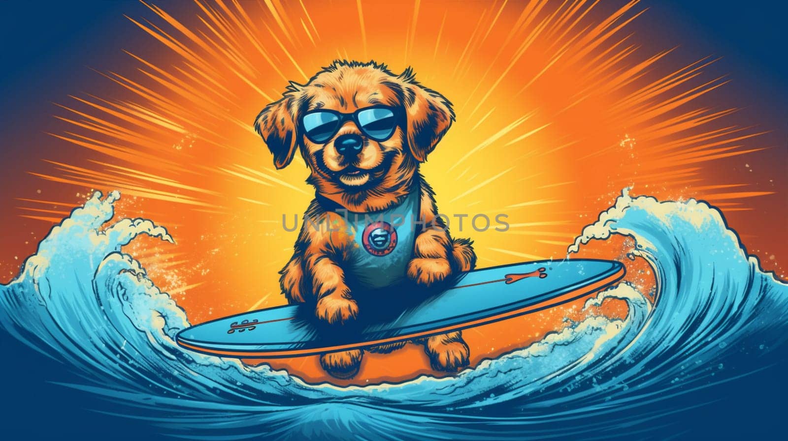 animal dog surfer funny wave ocean puppy vacation summer beach. Generative AI. by Vichizh