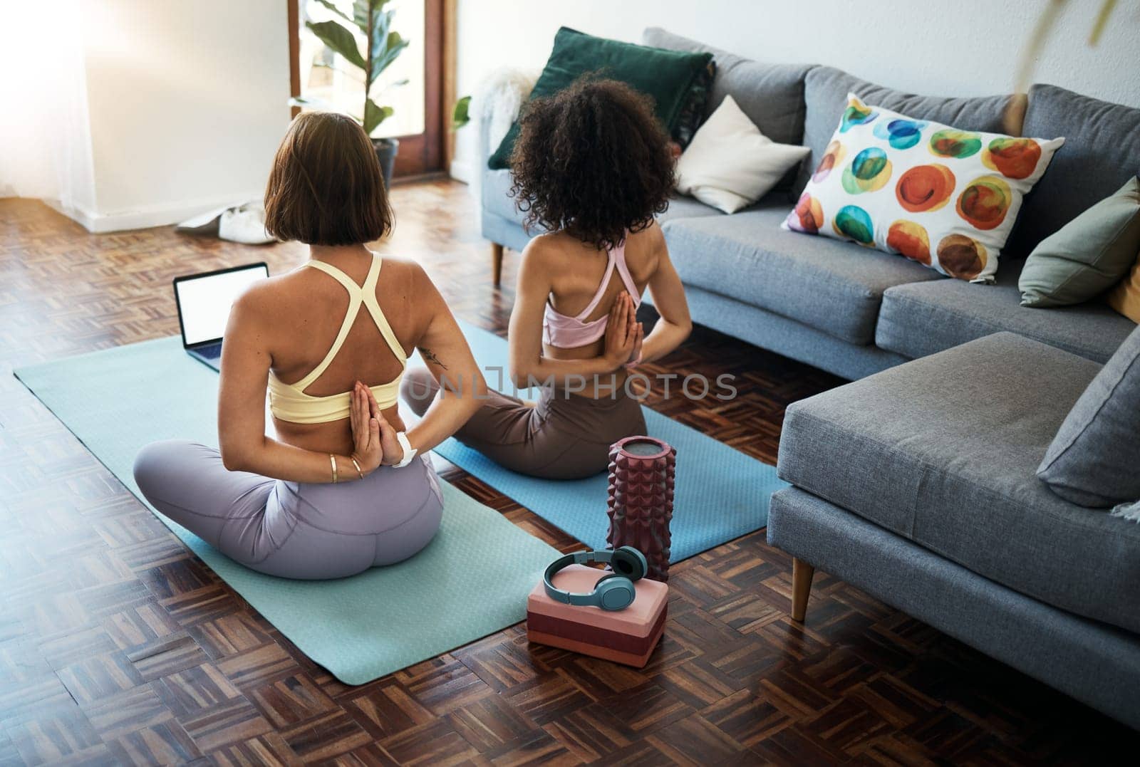 Friends, stretching and yoga online class in home, living room or lounge or streaming exercise and workout. Healthy, fitness and training with holistic sport or practice for wellness in house by YuriArcurs