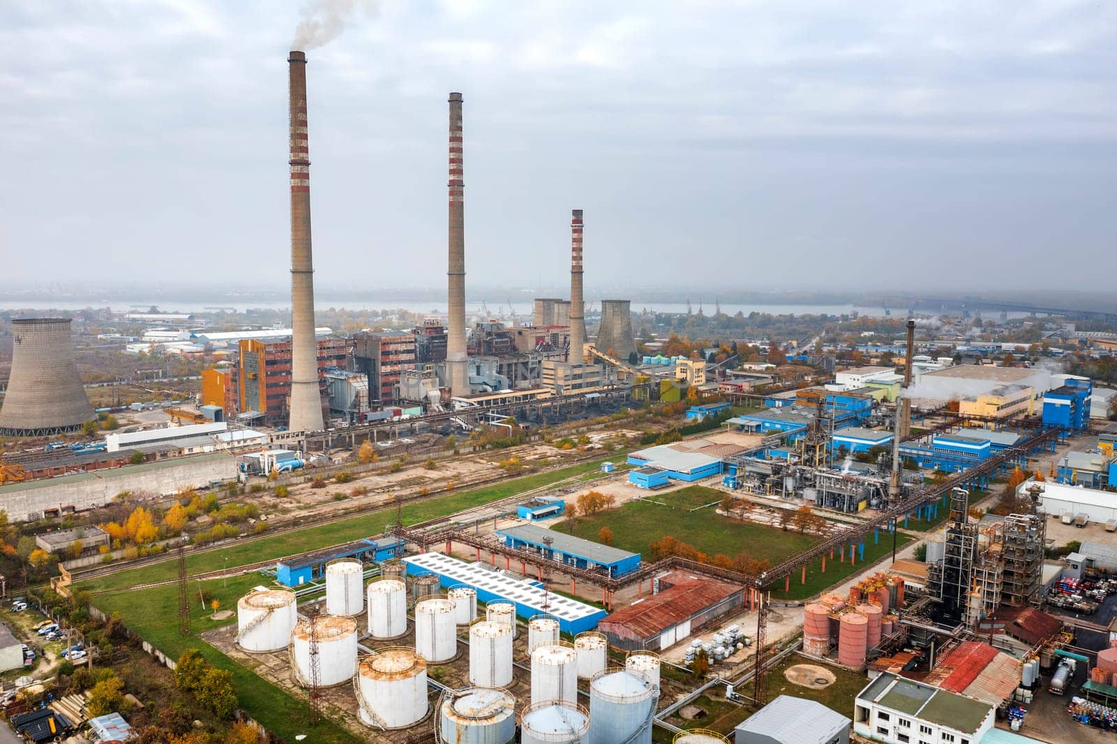 Aerial View Of Large Chimneys From The Coal Power Plant