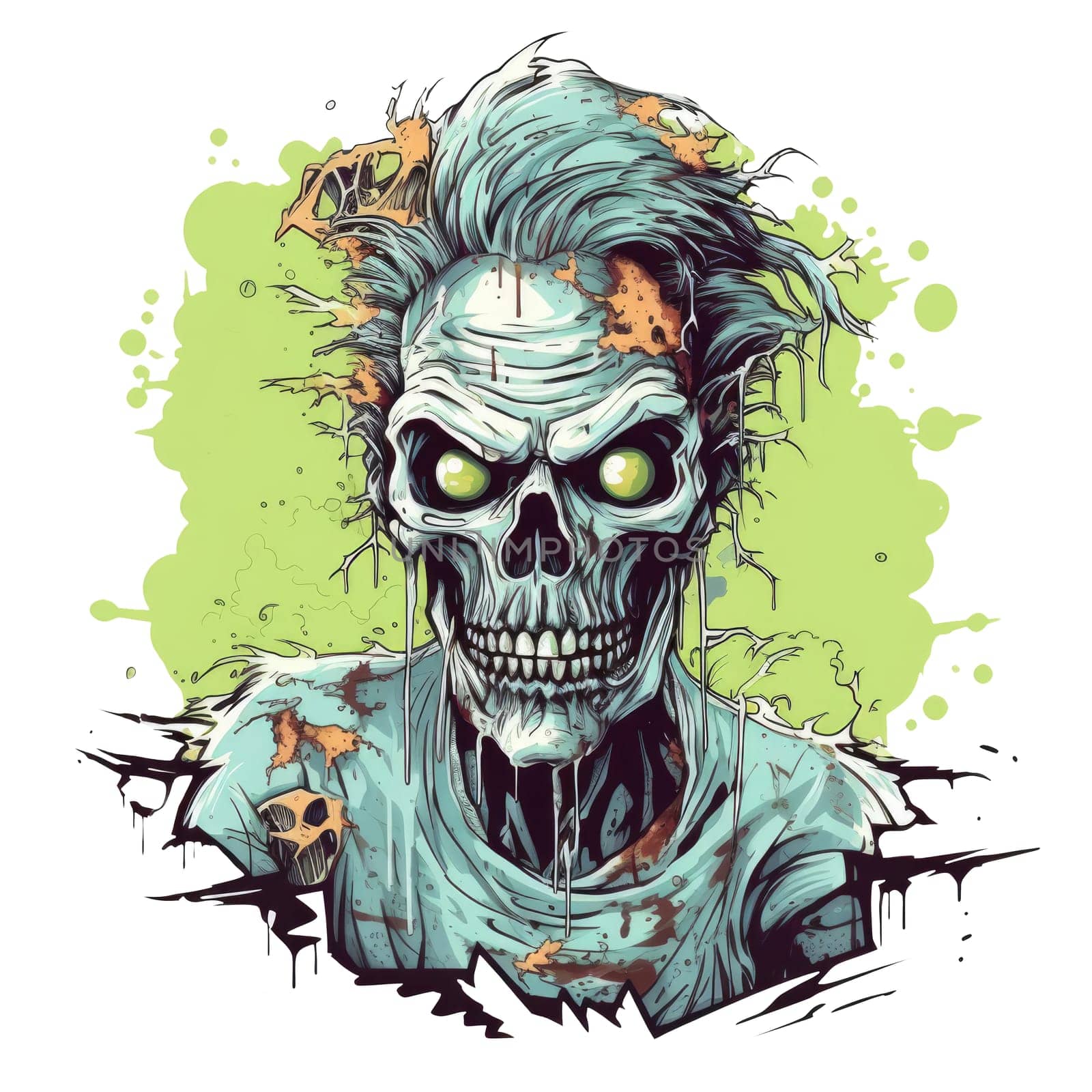 T-shirt or poster design with zombie Halloween theme on white. AI