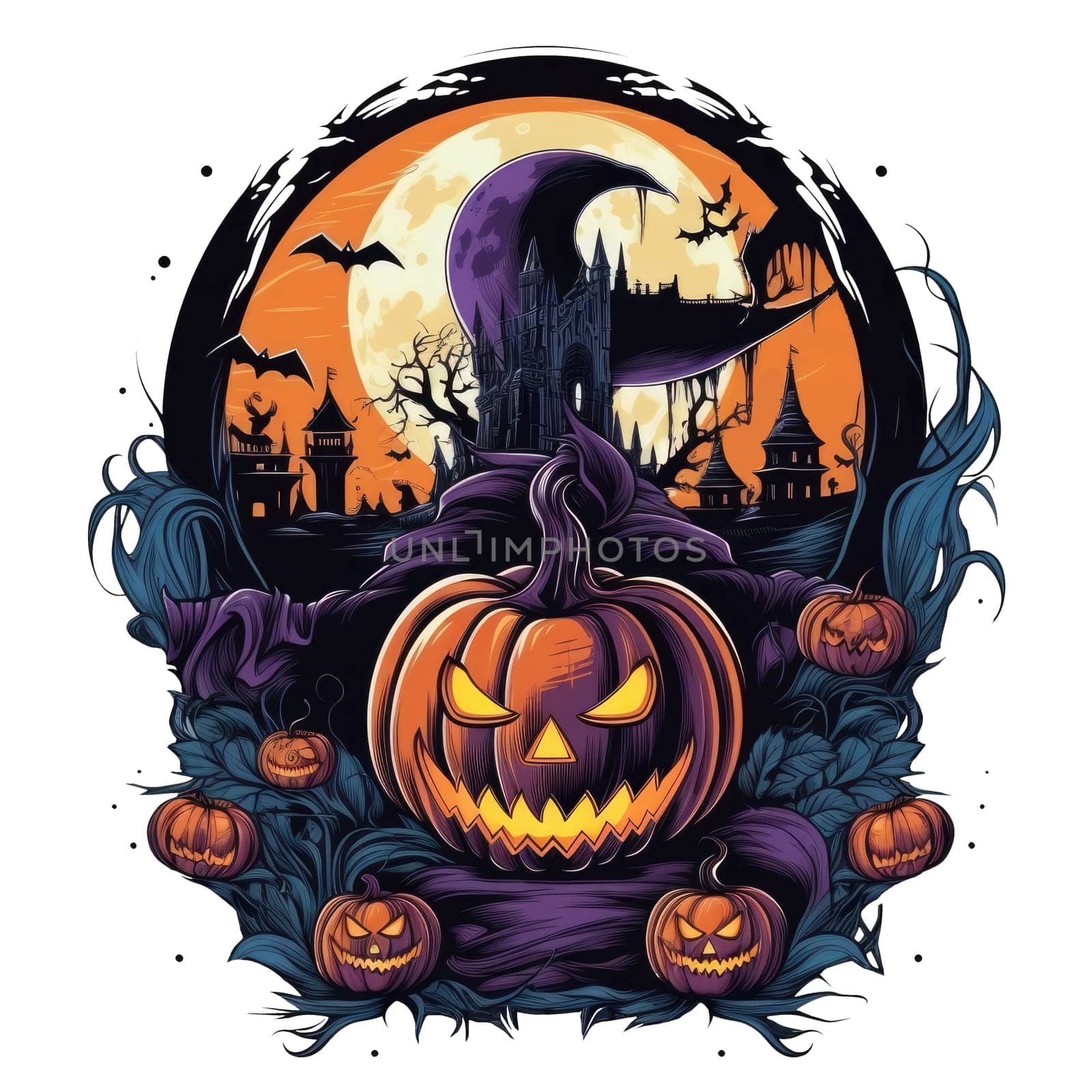 T-shirt or poster design with illustration on Halloween theme on white. AI