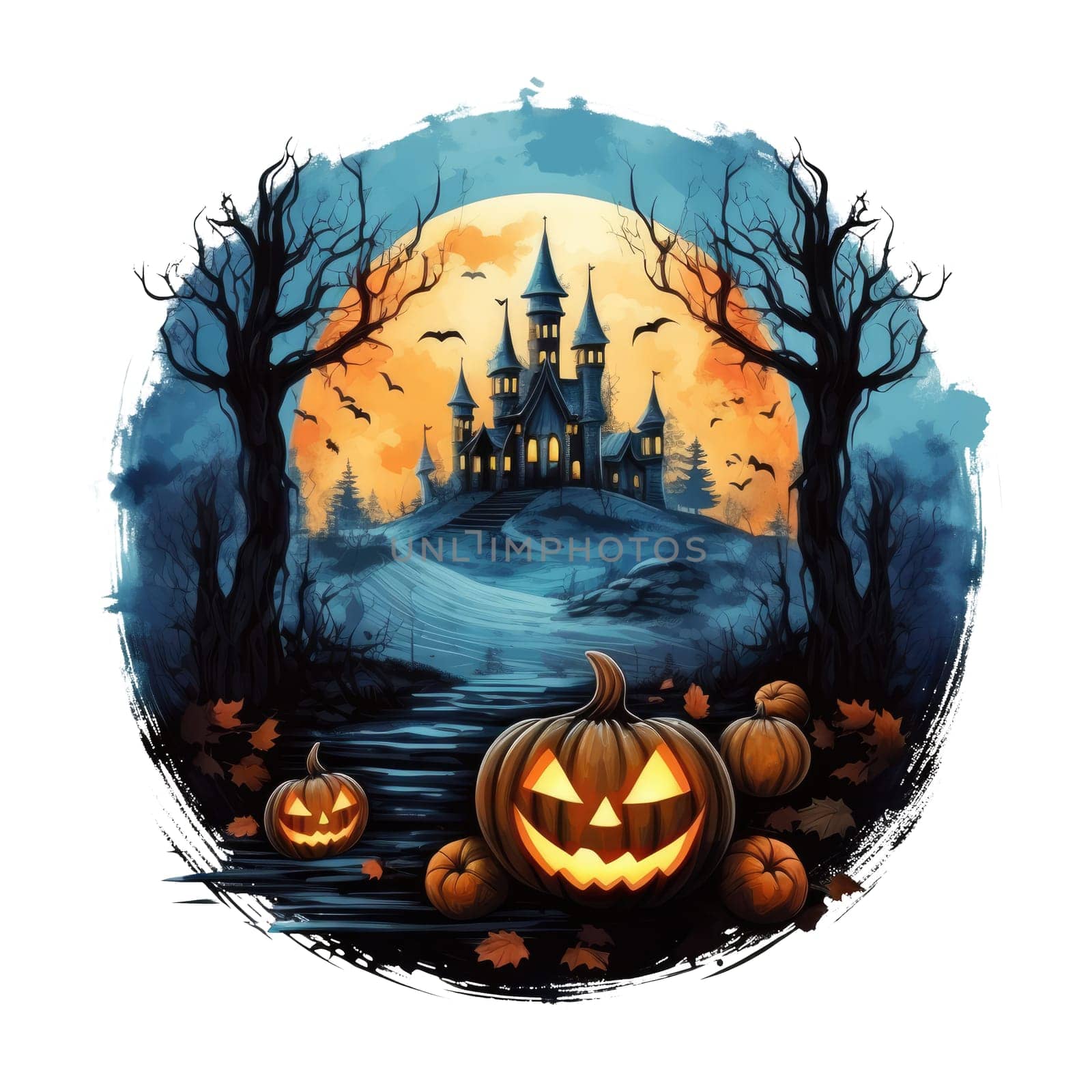 T-shirt or round poster design with castle Halloween theme on white. AI