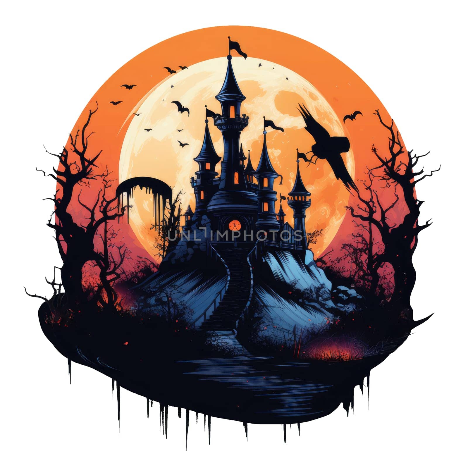 T-shirt or round poster design with castle Halloween theme on white. AI