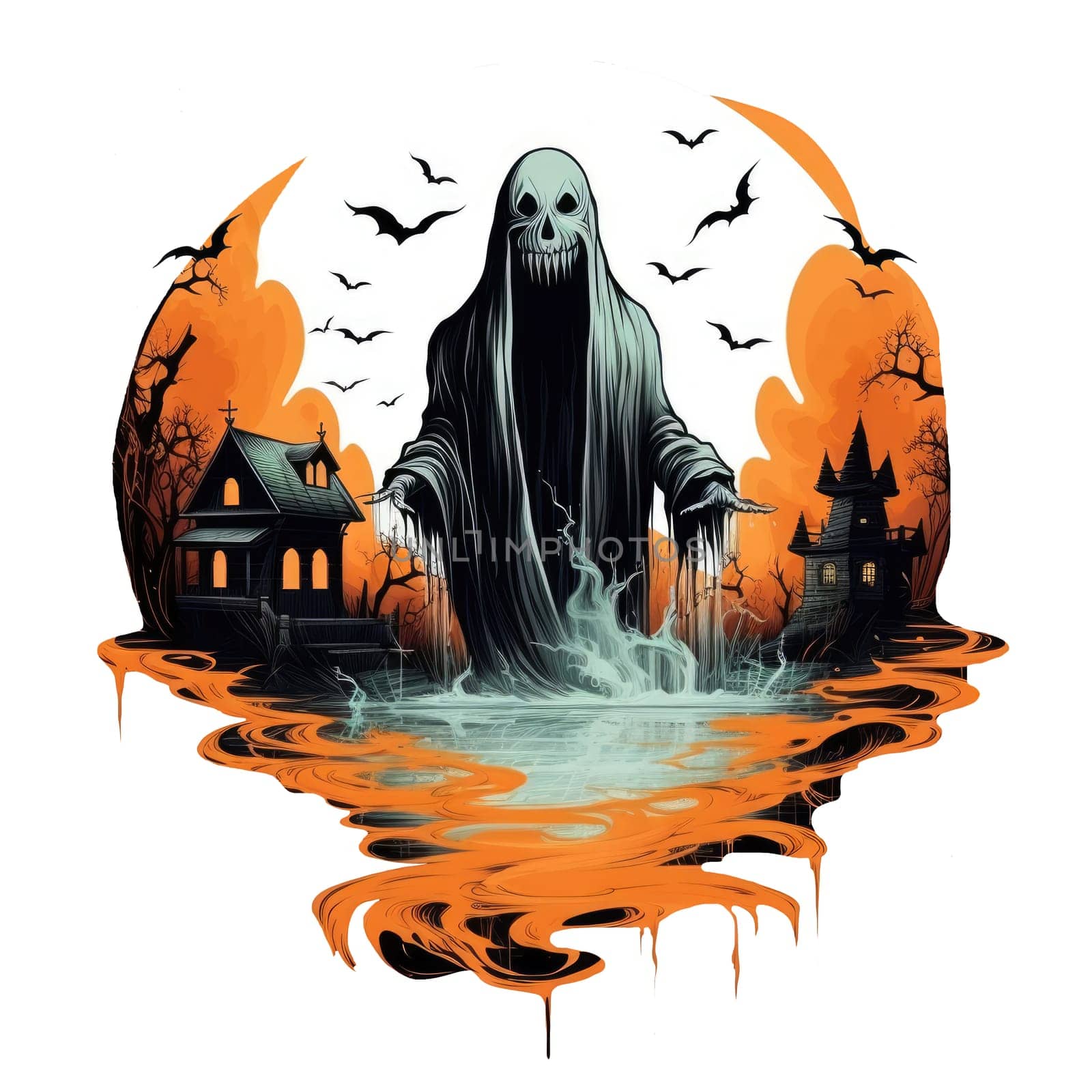 T-shirt or poster design with ghost Halloween theme on white. AI