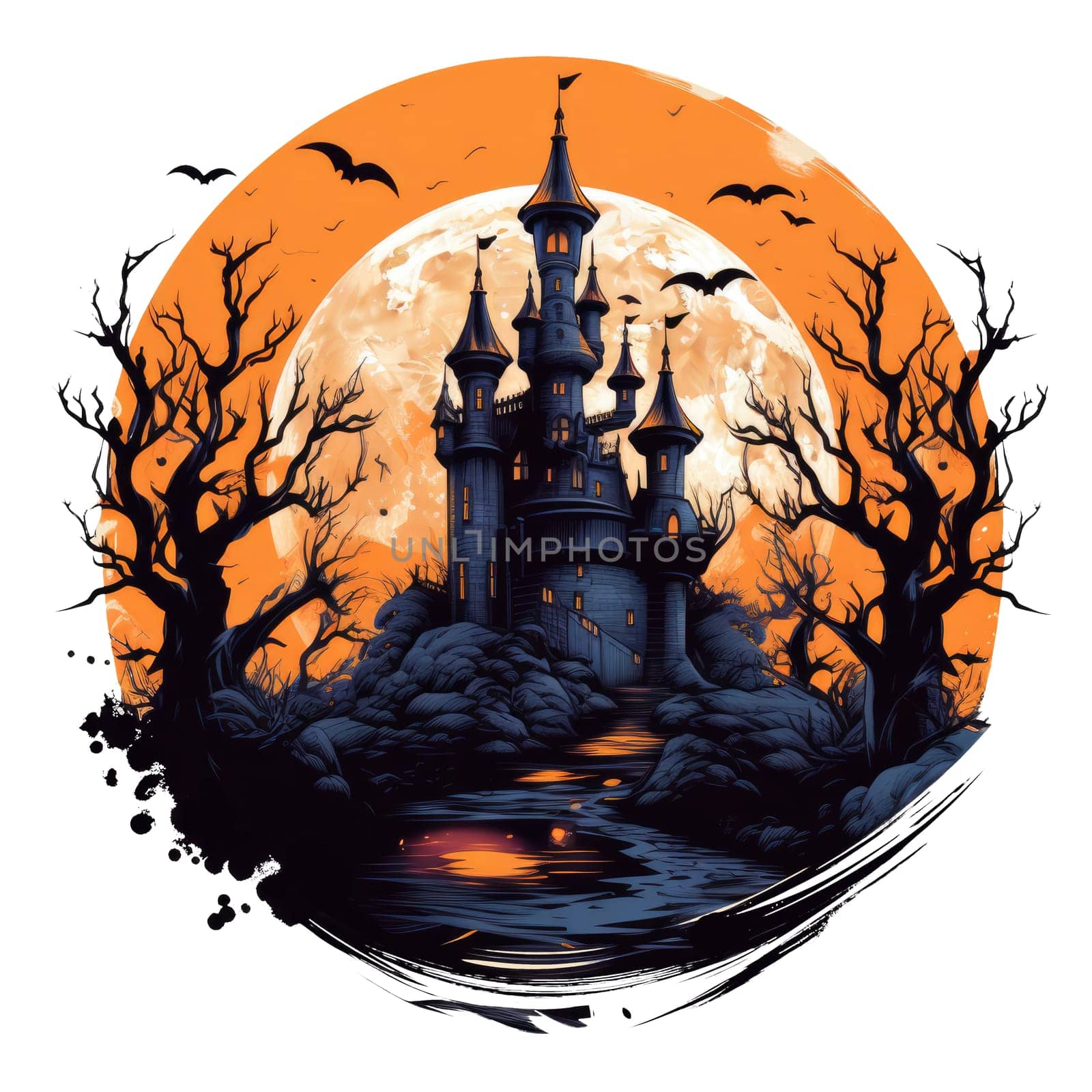 T-shirt or round poster design with castle Halloween theme on white by natali_brill
