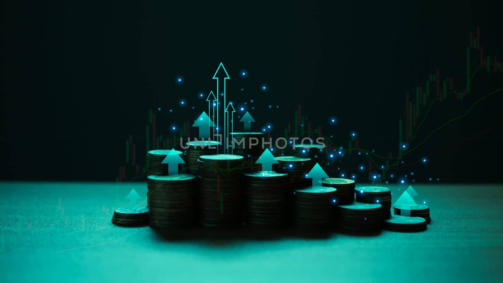 Coins are lined up on a wooden floor along with index charts, arrows and candlesticks. Represents financial, economic, business growth concepts. Financial success concept. Abstract finance background.