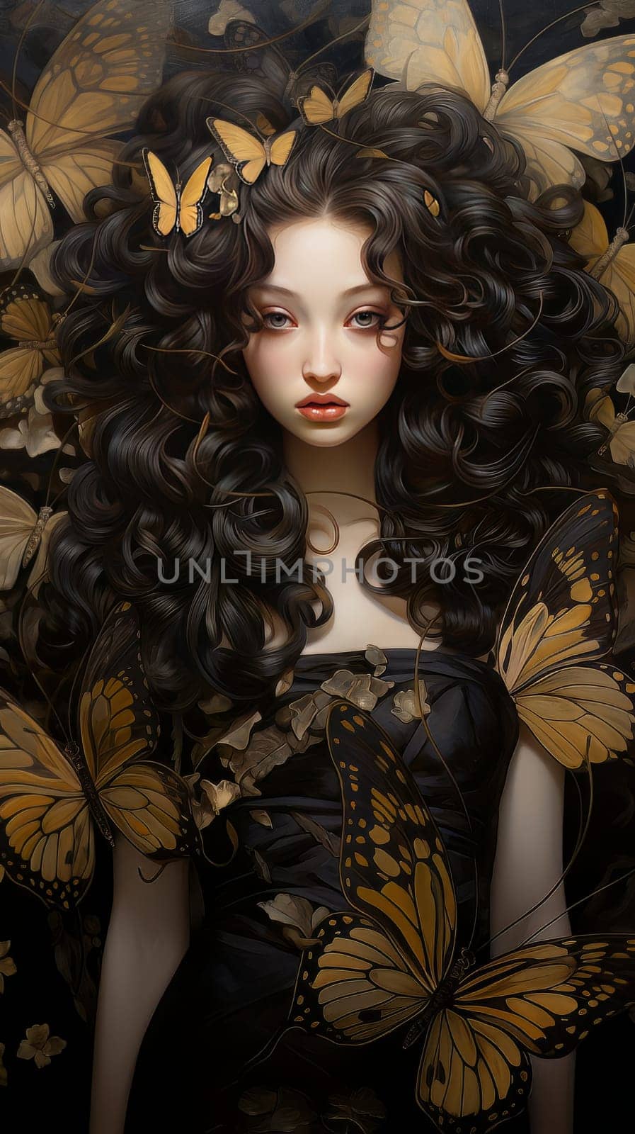Abstract portrait of fantasy brunette doll princess with gorgeous curls AI by but_photo