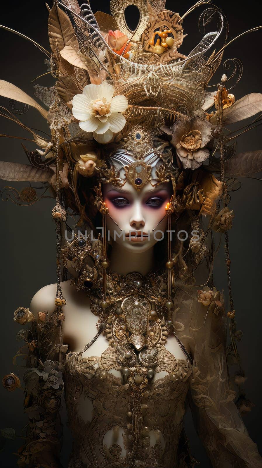 Surreal fairy tale character portrait of cartoon princess in a golden dress and a luxurious Ekibana headdress made of feathers and flowers in gold color AI