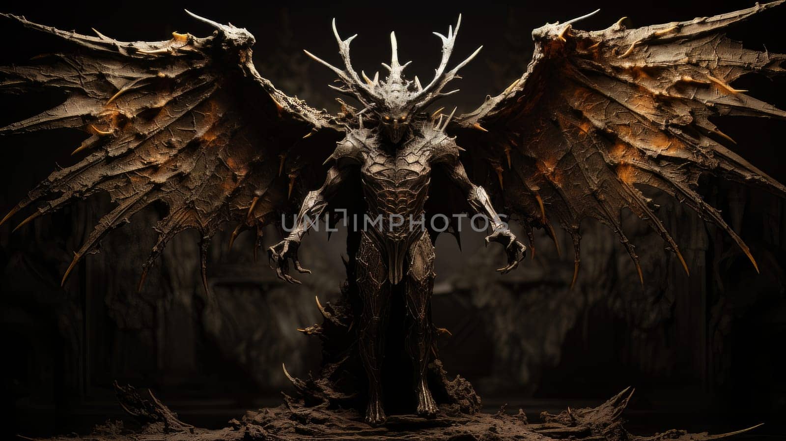 Epic creepy demon of hell with dark wings, punisher of all sinners, the enemy of God. Apocalypse, Halloween, horror story, AI