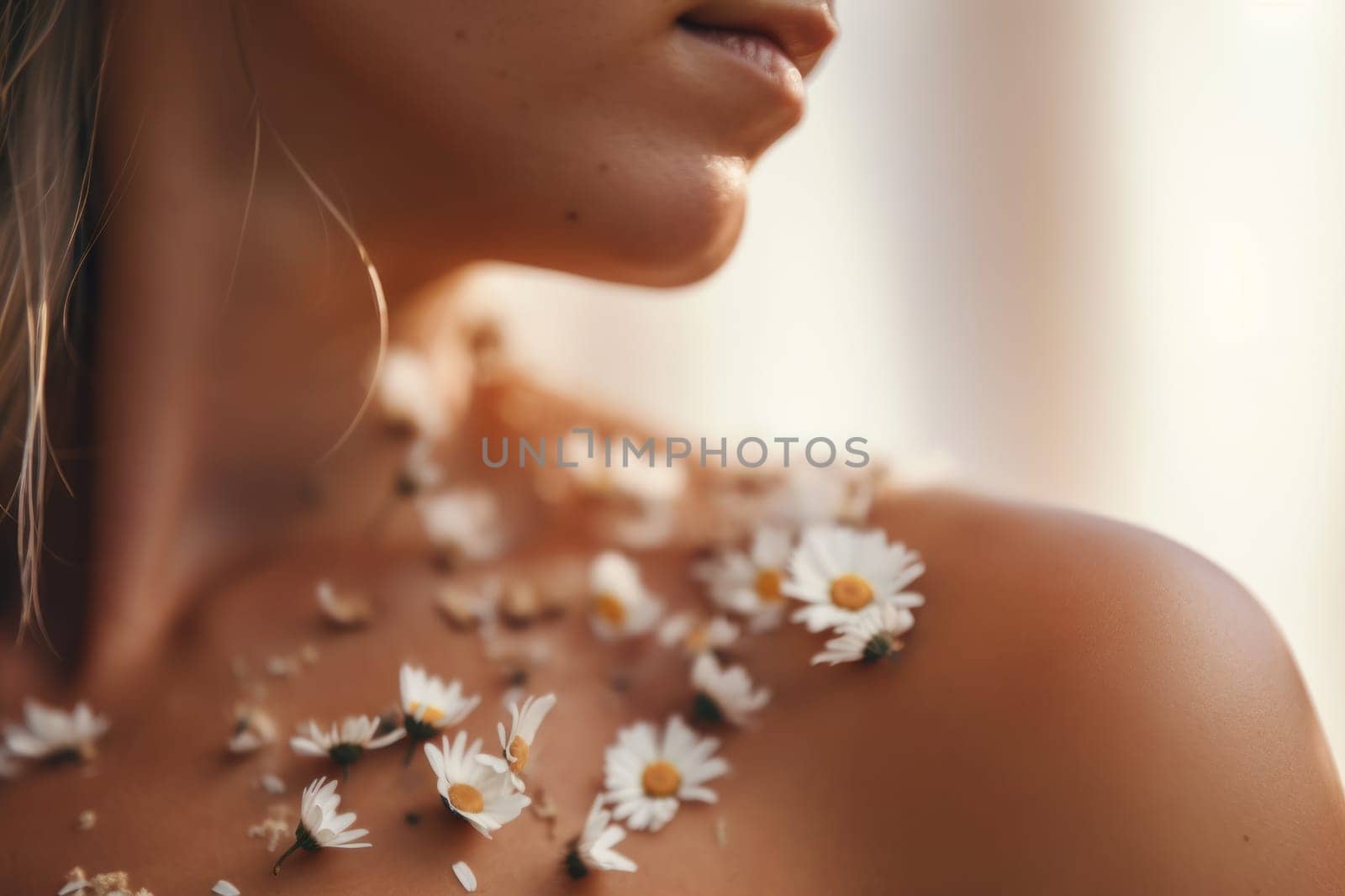 Daisies on the shoulder of a young beautiful woman. The concept of skin care with natural products. Photorealistic illustration generative AI. by julyKoph