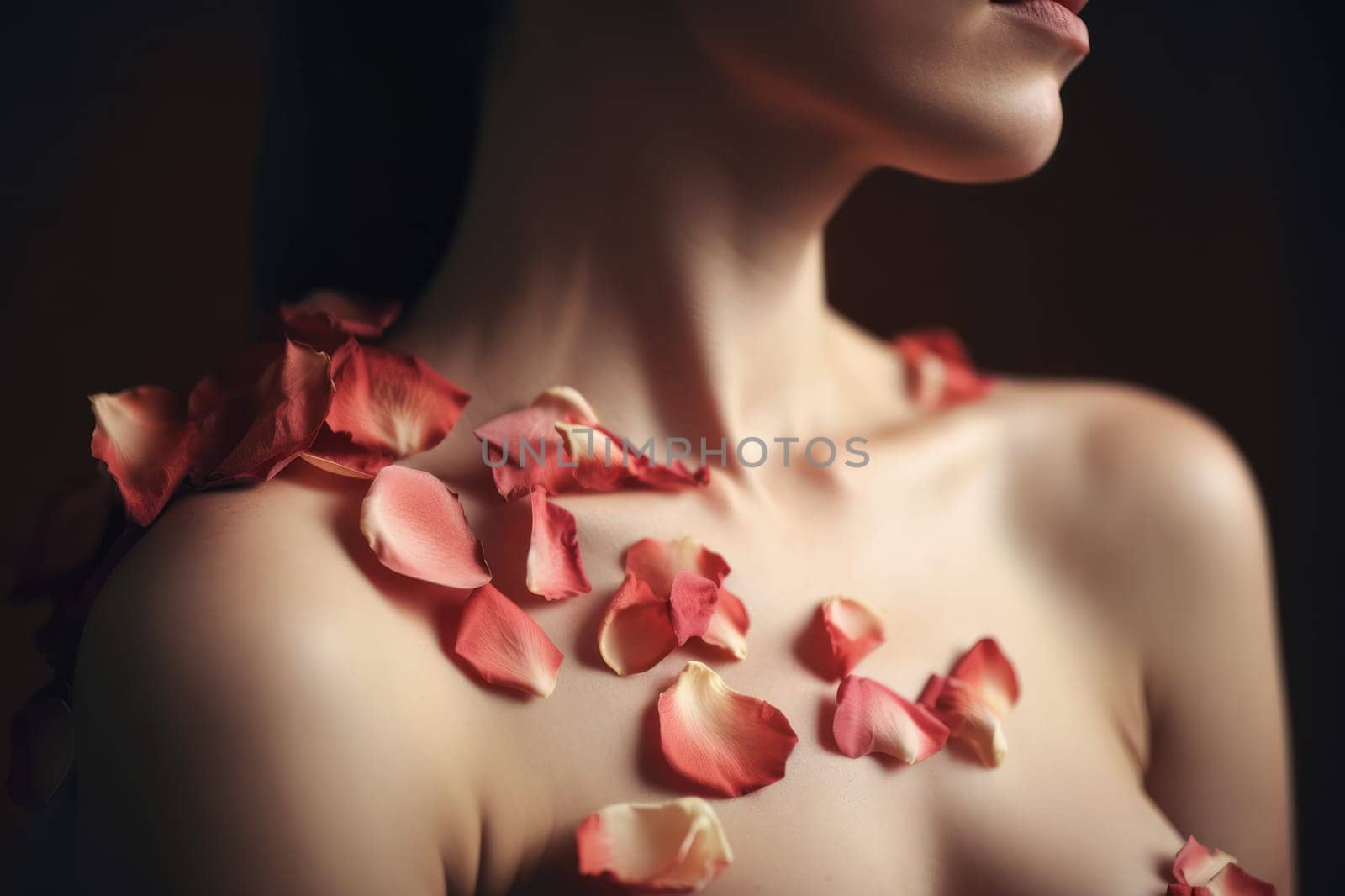 Red petals grew on the shoulder of a beautiful young woman. Concept for beauty product presentation. Photorealistic illustration generative AI. by julyKoph