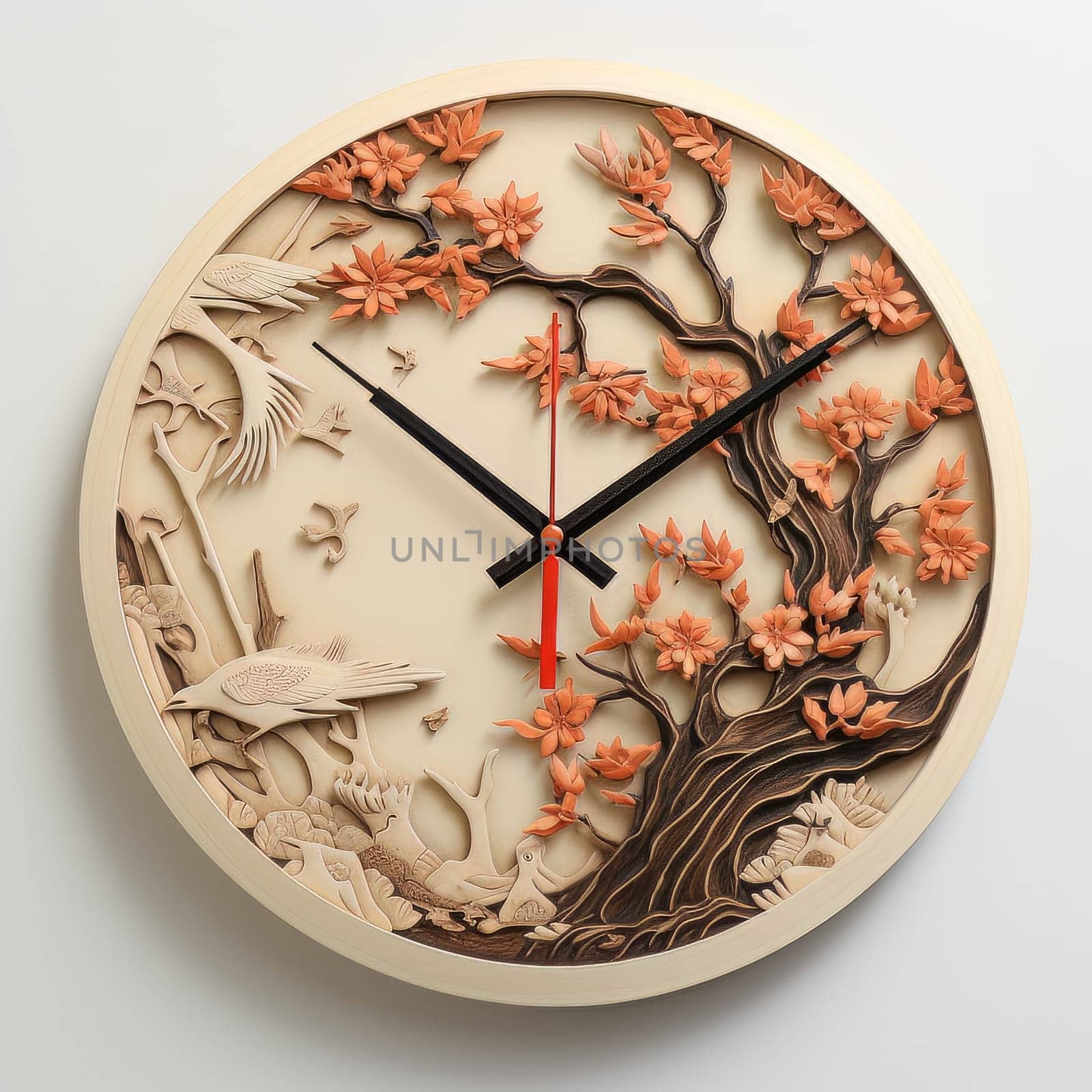 Handmade wooden Wall clock with an autumn forest inside on white background. Pattern of autumn tree, birds, hare and fish tails. AI