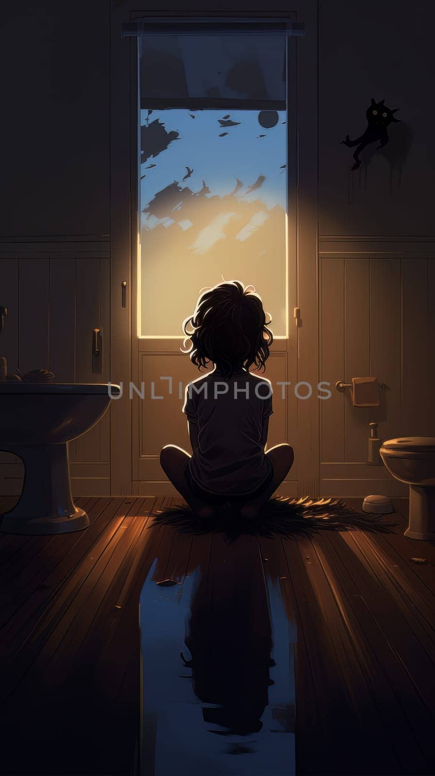 Child girl sitting on the floor in a room in front of a closed door AI by but_photo