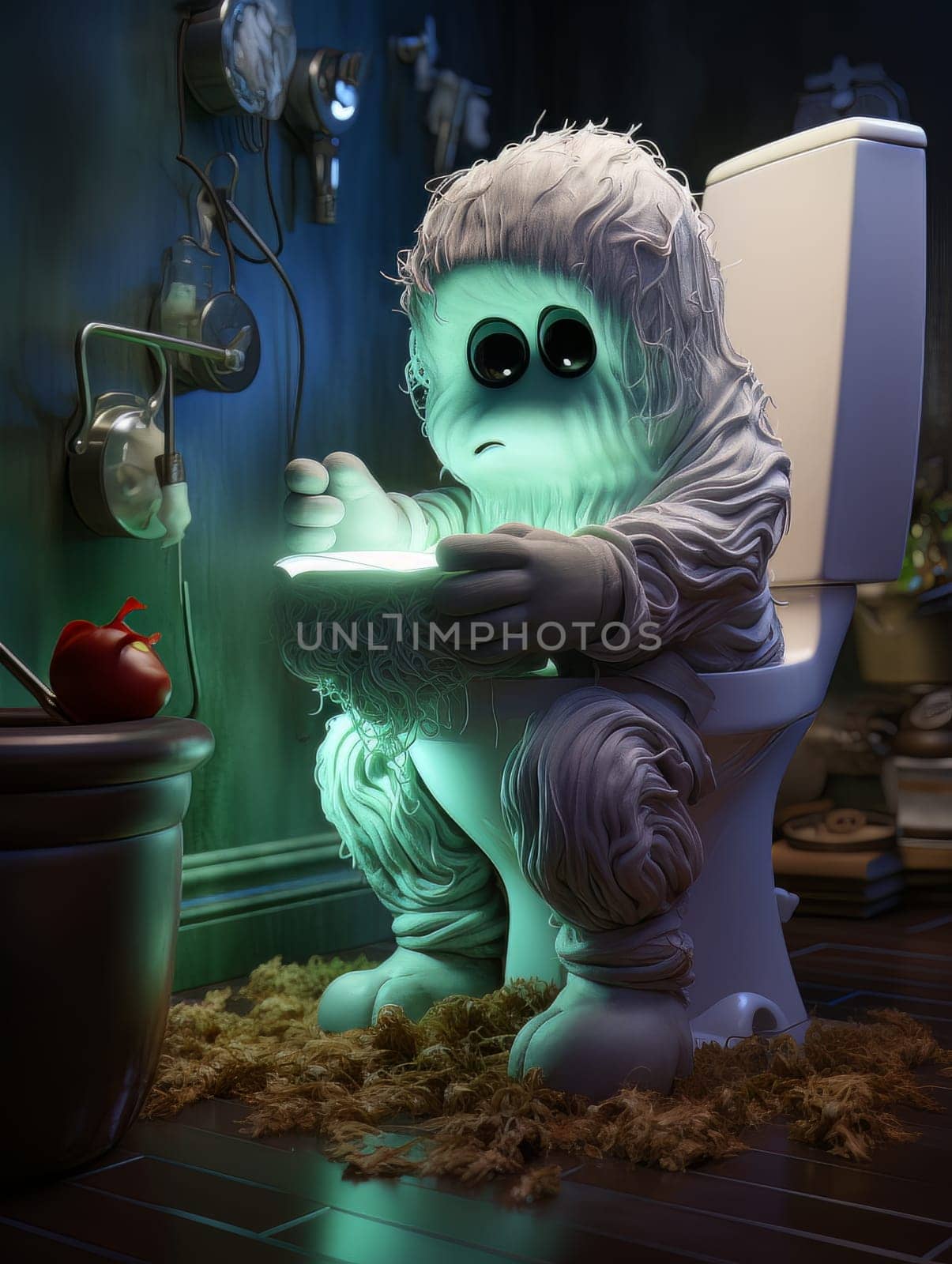 Cartoon ghost playing on the phone while sitting on the toilet AI by but_photo