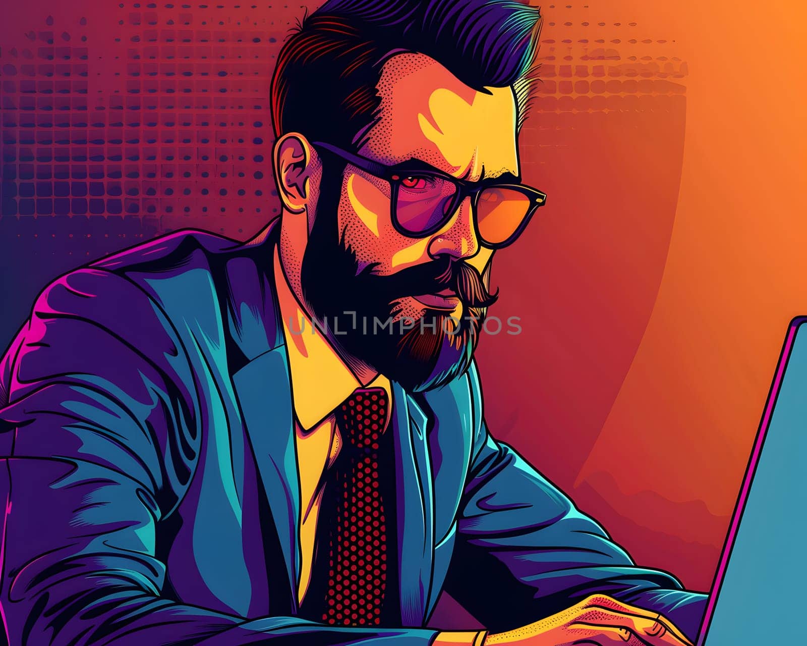 Focused bearded professional in suit working on laptop in vibrant setting