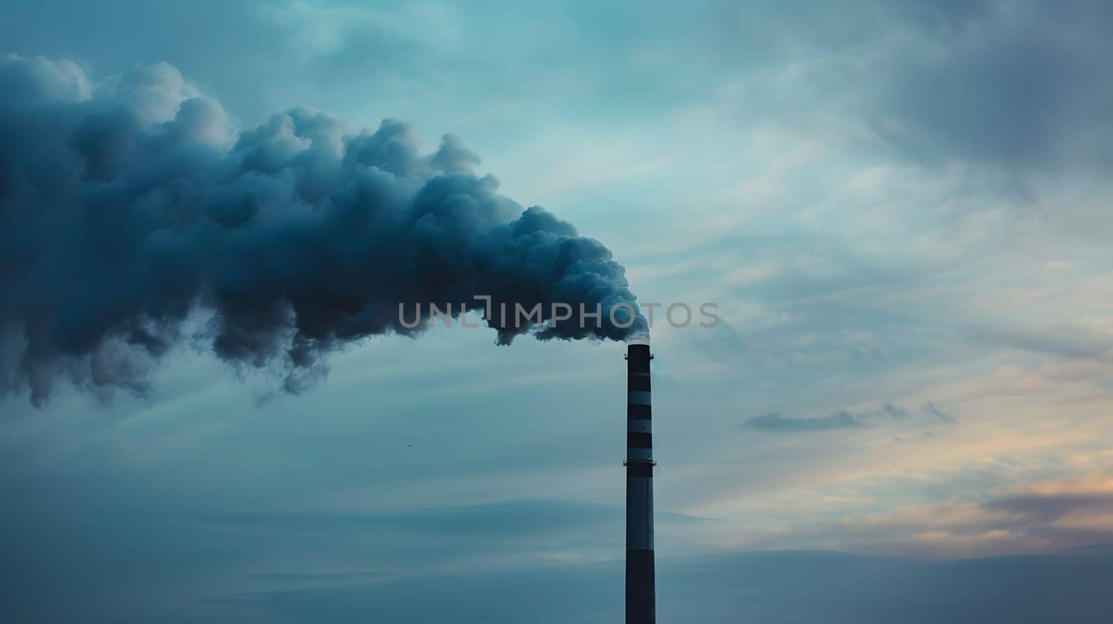 Industrial chimney releasing smoke into the air during a scenic sunset.