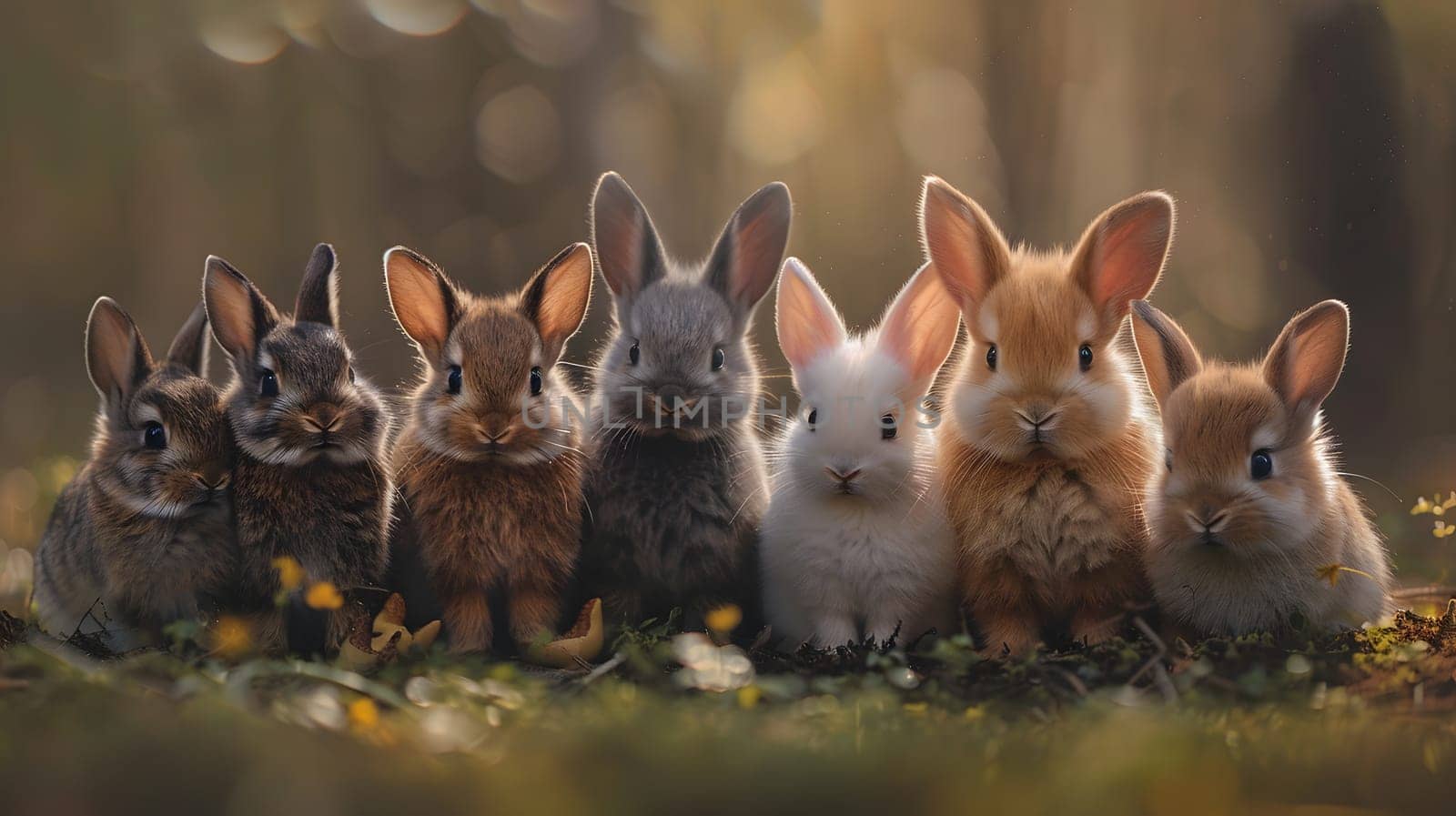 A group of rabbits with whiskers and fawncolored fur are sitting in a row on the grass in a natural landscape. The terrestrial animals have twitching noses and enjoy the peaceful event