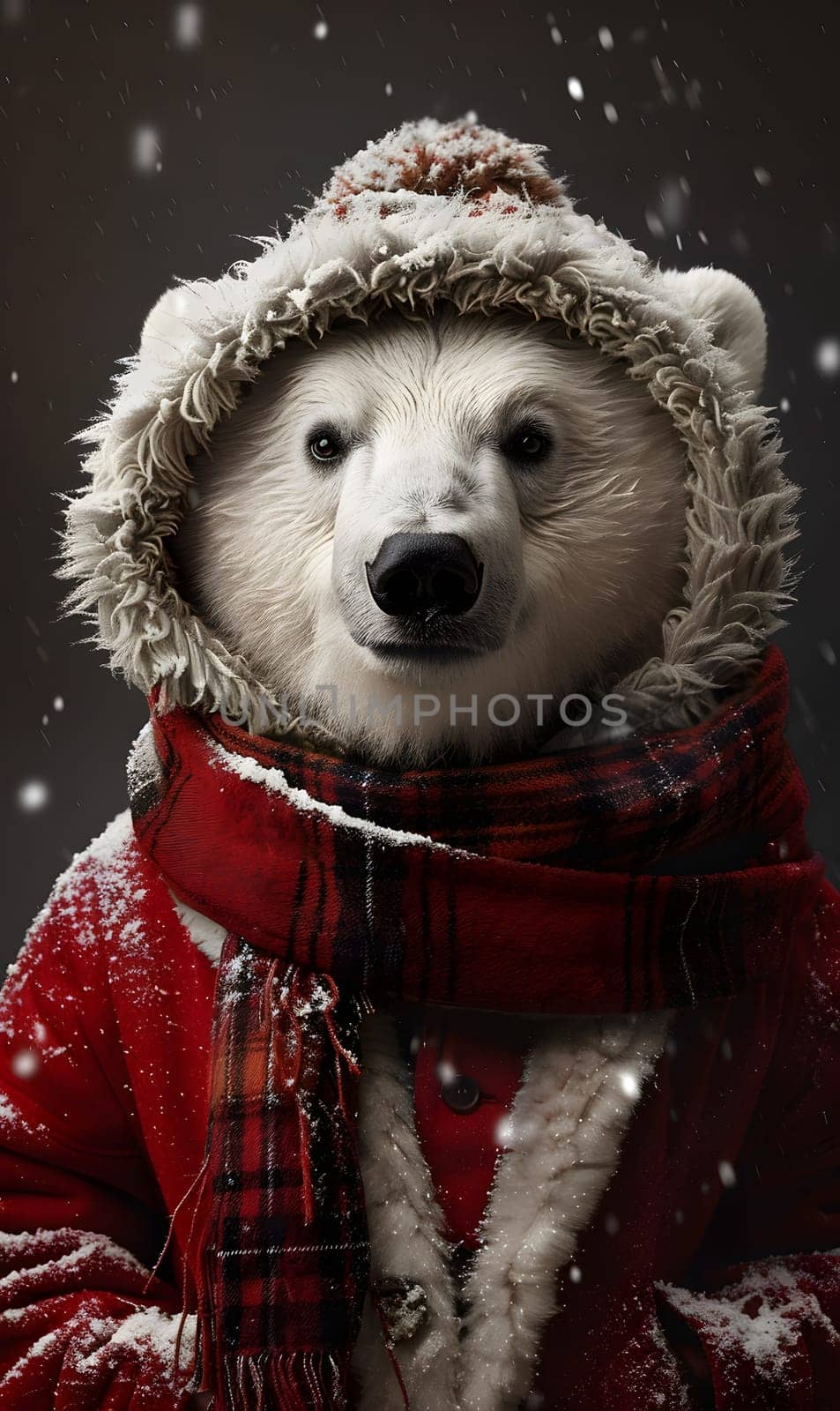 A terrestrial animal with a white fur coat, a red outerwear coat, and scarf standing in the snow. Its snout is visible, giving it a toylike appearance