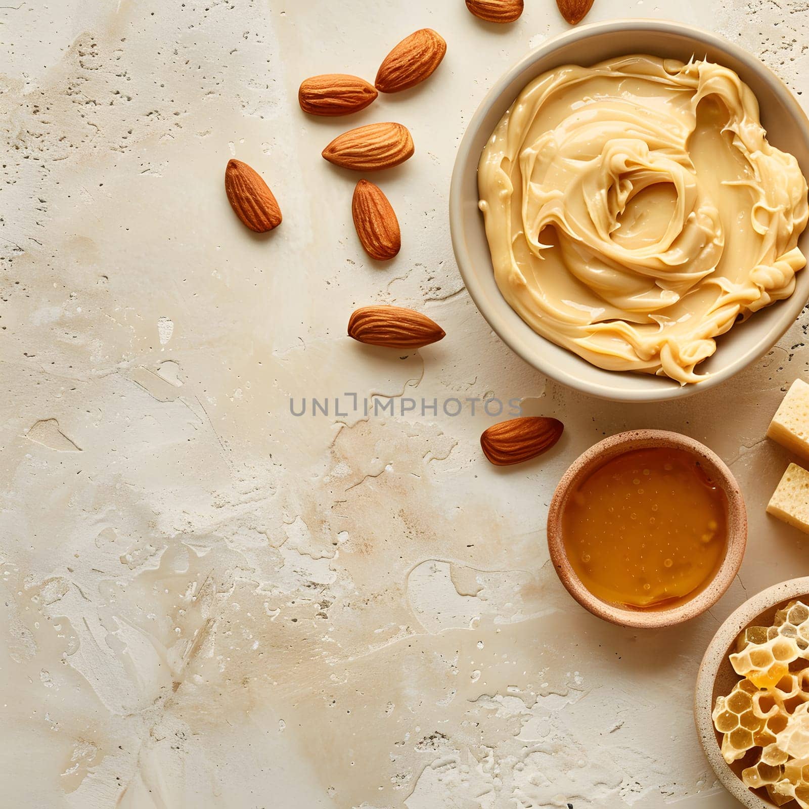 Smooth almond butter and honey with fresh almonds and honeycomb on light background.