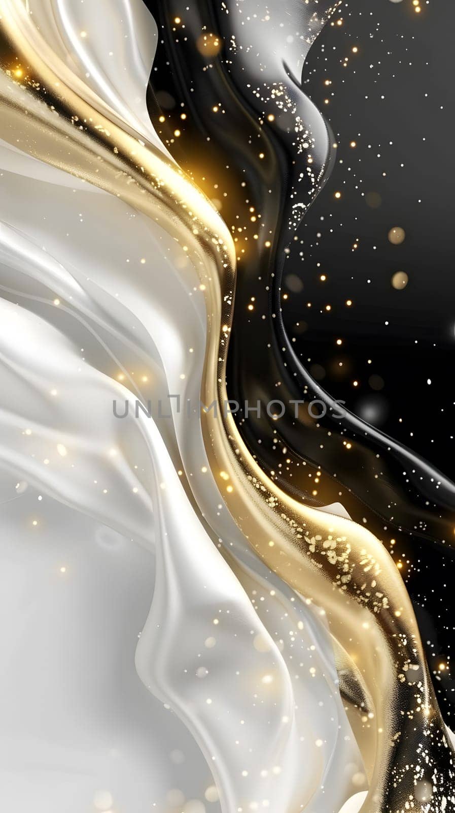 An elegant background of abstract swirls in black, white, and gold sparkles