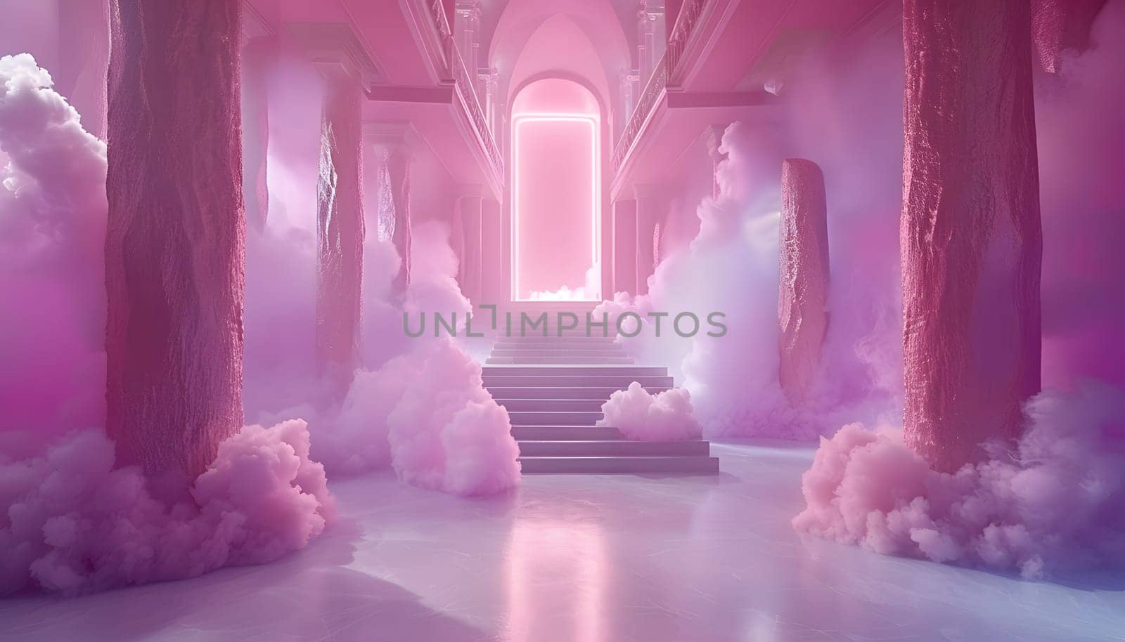 A room with pink and purple walls, violet flooring, and a door leading to stairs surrounded by clouds. This artistic space exudes a sense of entertainment and mystery