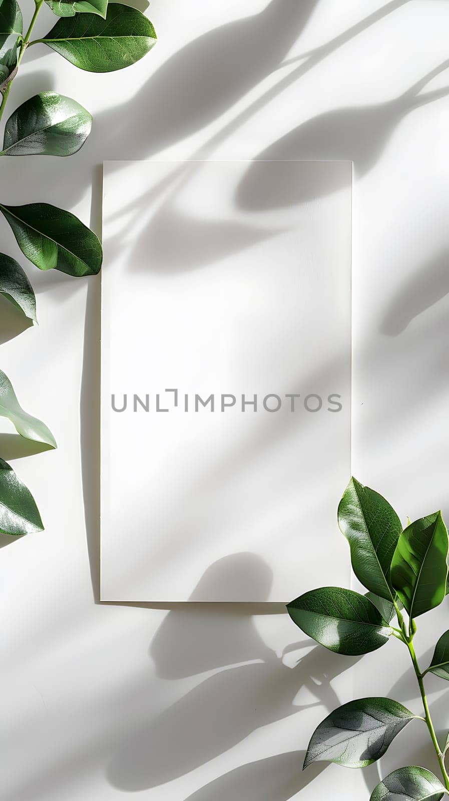 A blank white background decorated with green leaves and natural shadows
