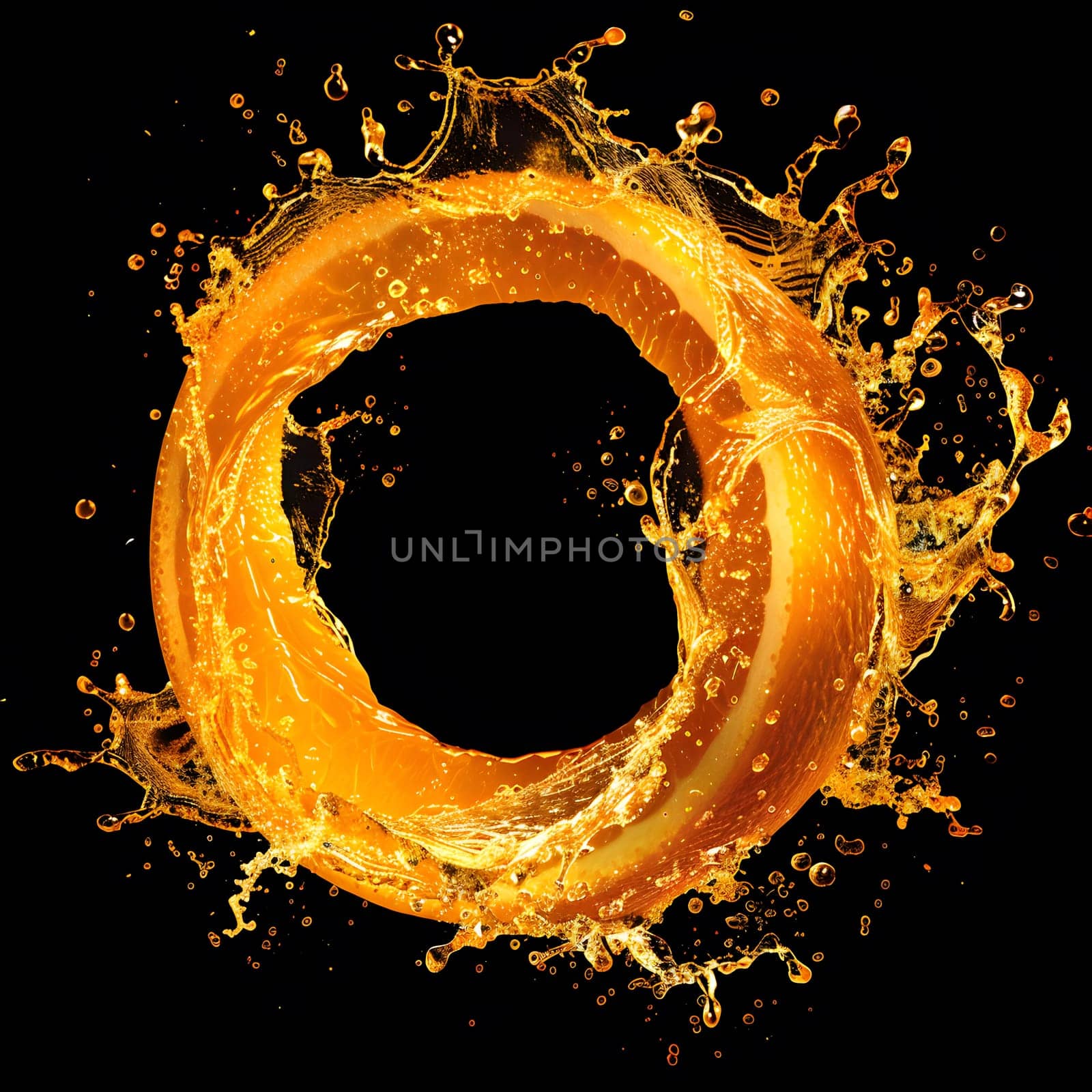 Circular splash of vibrant orange liquid against a dark, dynamic background