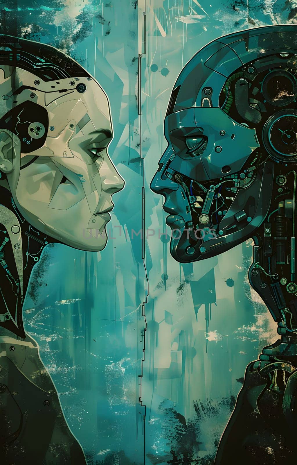 Two futuristic robots are depicted facing each other in a digital abstract artwork