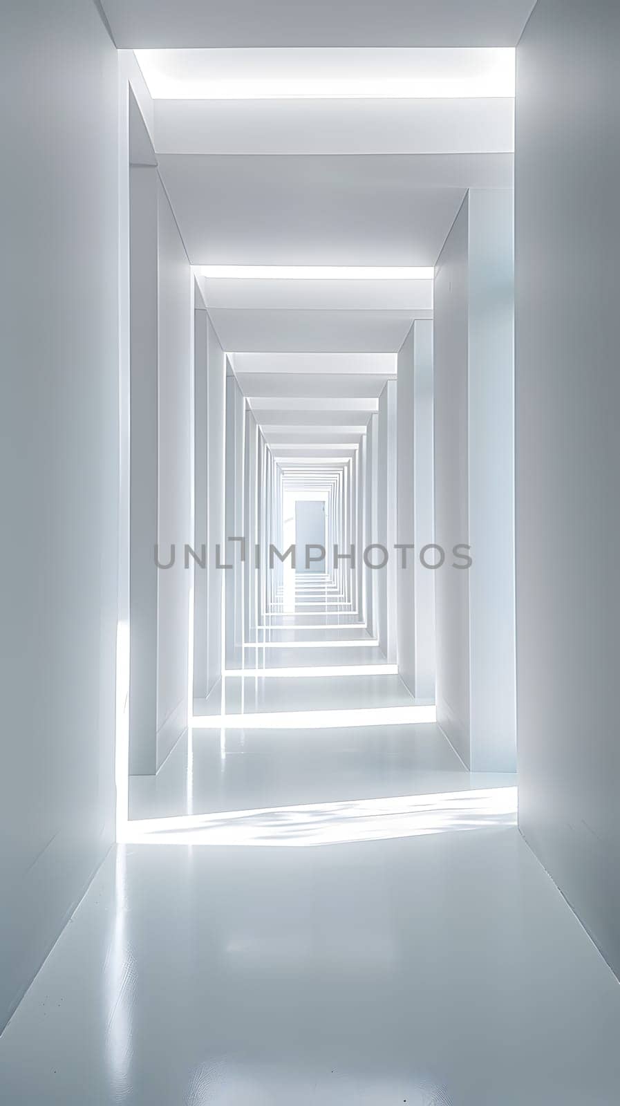 A rectangular hallway with wood flooring and symmetrical light fixtures on the ceiling casting a soft electric blue glow in the darkness, creating a mesmerizing pattern
