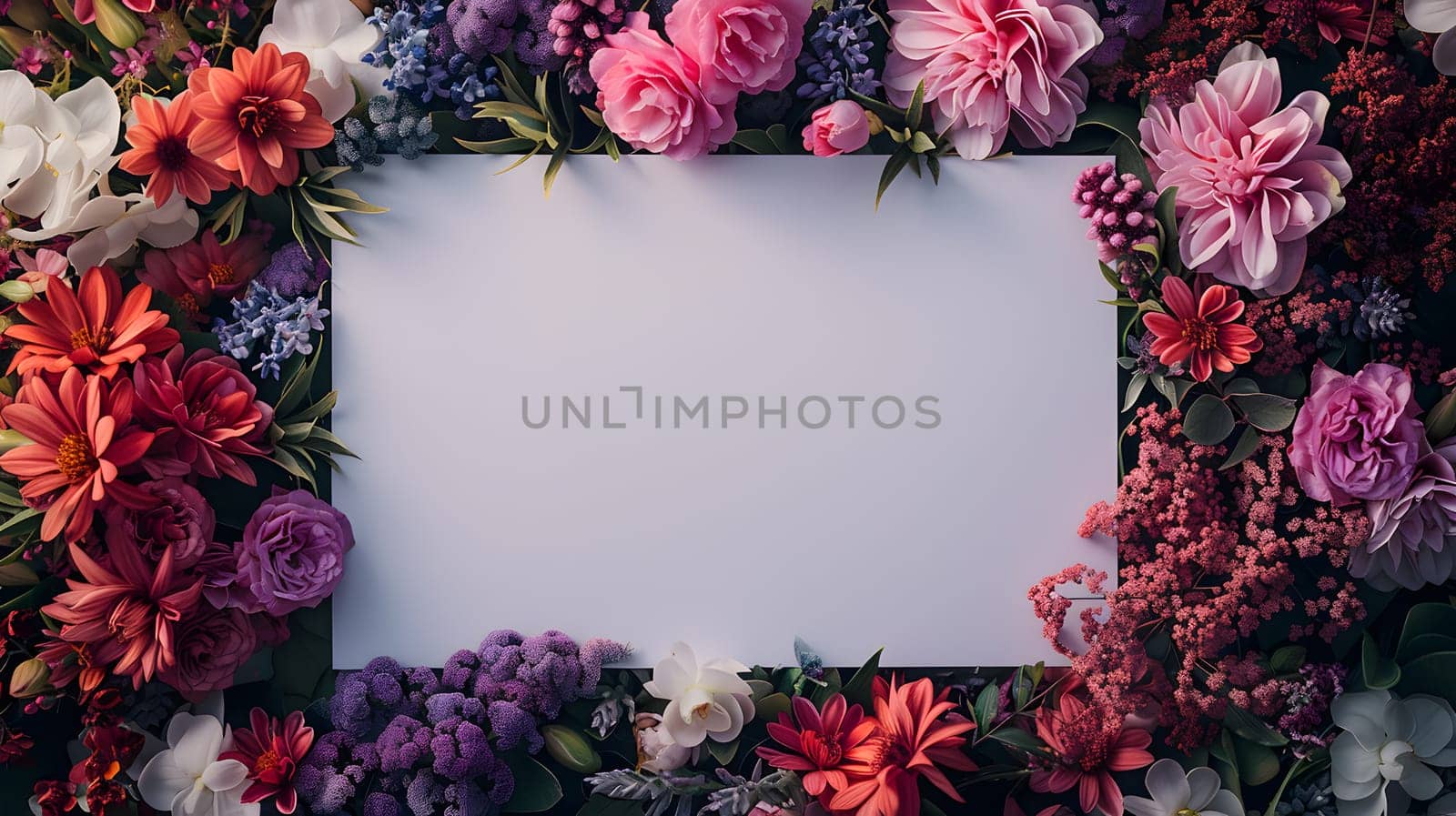 A beautiful white sheet of paper is adorned with a vibrant arrangement of colorful flowers such as pink, violet, and magenta, showcasing the art of flower arranging and creative design