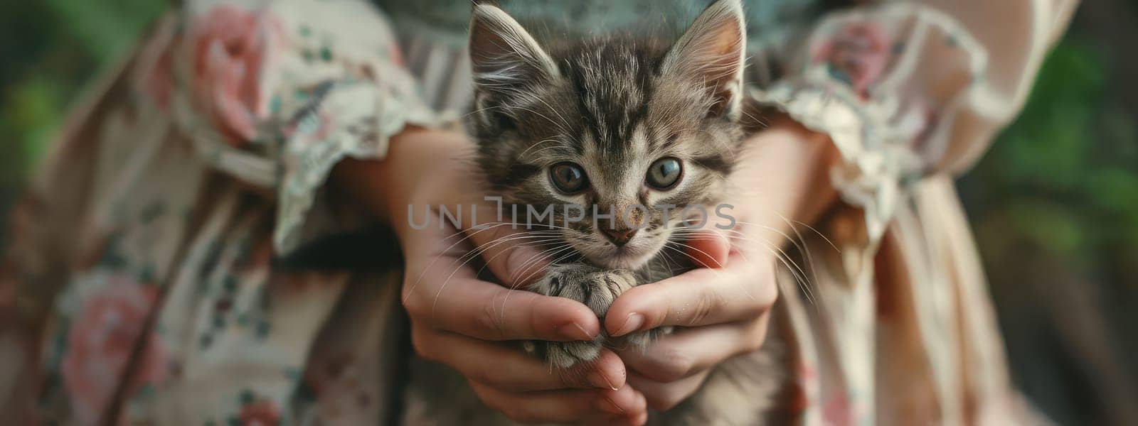Kitten in the hands of a woman. Selective focus. people.