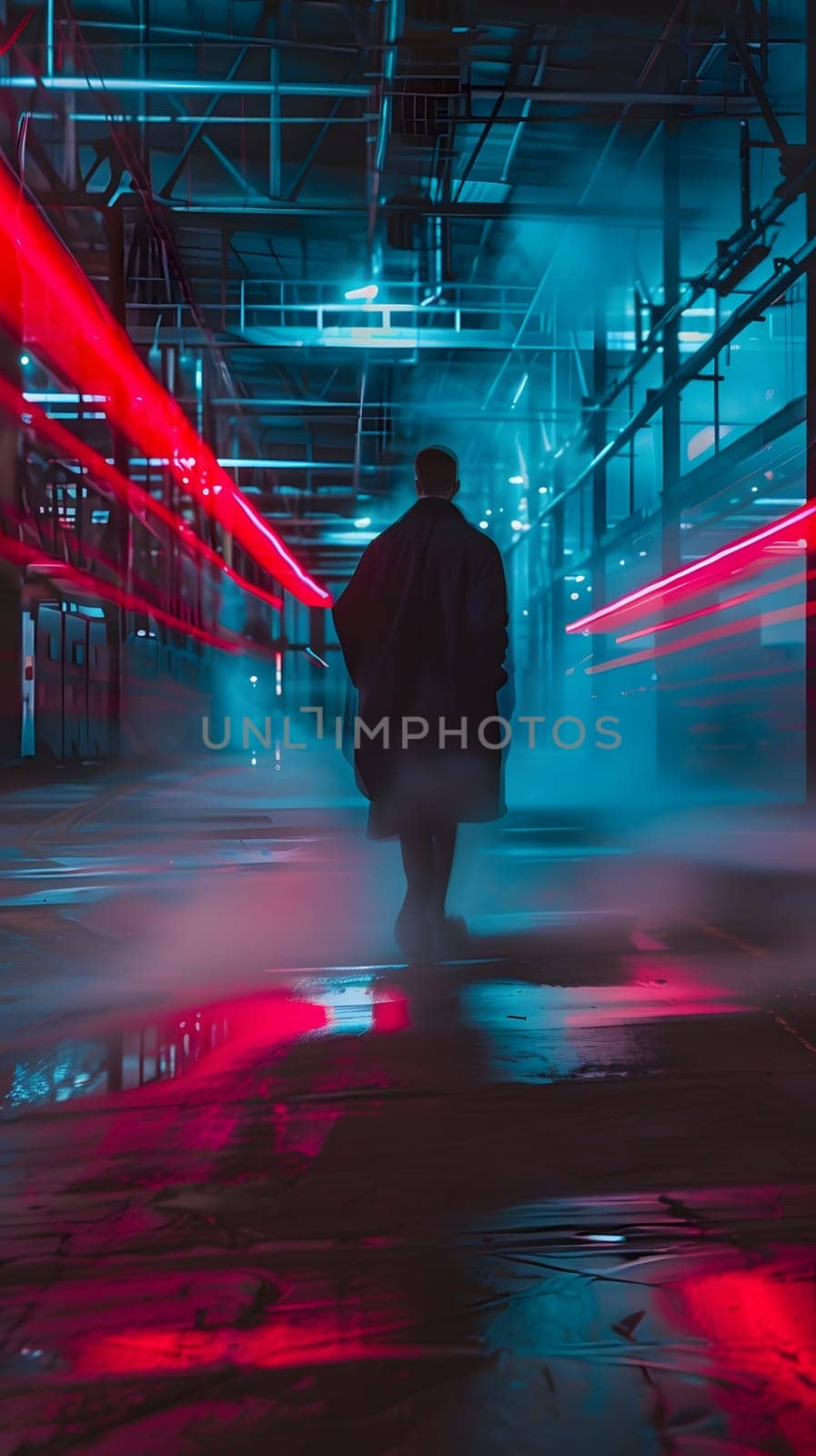 A man walks in a futuristic industrial corridor lit by neon lights at night
