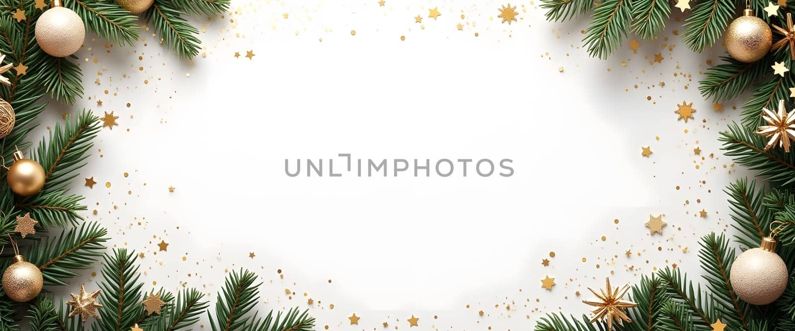 Festive white background with a place for text and Christmas decor: branches, garlands, decorations, balloons. High quality photo