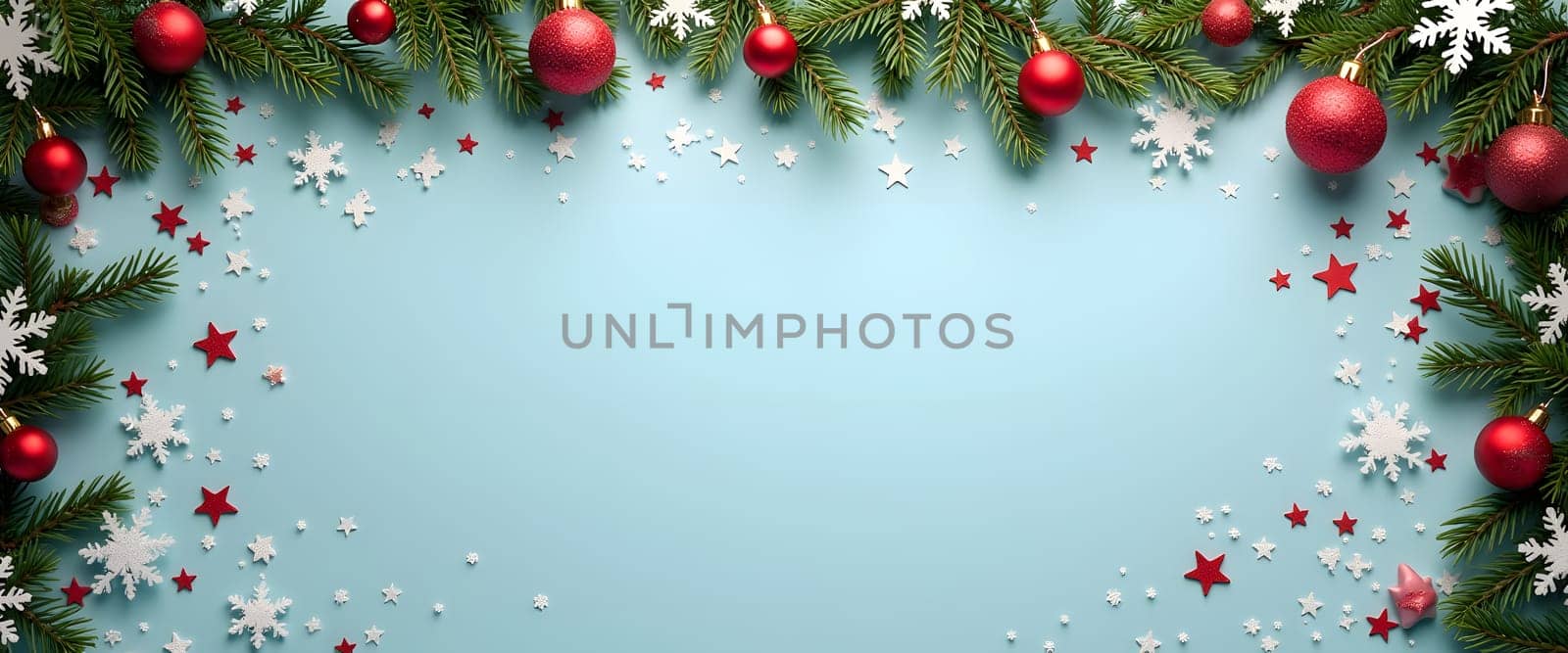 A serene blue background decorated with fresh fir branches and a soft, sparkling garland. This festive backdrop, with its subtle holiday decorations, exudes a cozy winter spirit, perfect for capturing the charm of the holiday season