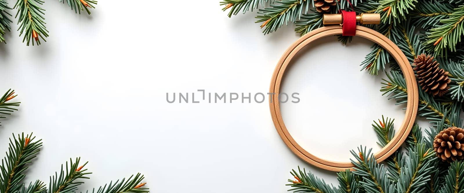 A classic Christmas setting with a white backdrop featuring a round wreath decorated with fir branches, garlands, and holiday ornaments, adding warmth and elegance to the seasonal scene