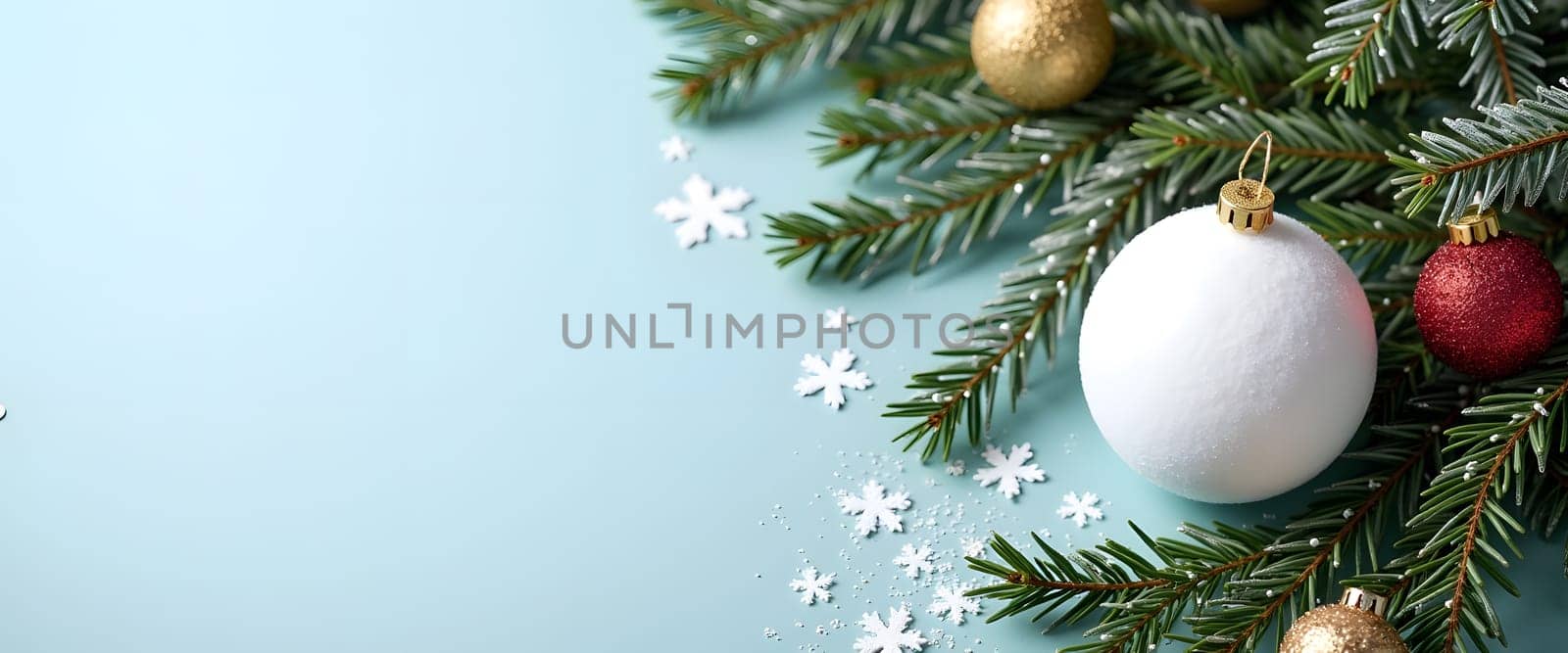 A winter-inspired blue Christmas background with a snowball ornament, decorated with fir branches, garlands, and festive holiday elements, creating a whimsical holiday setting